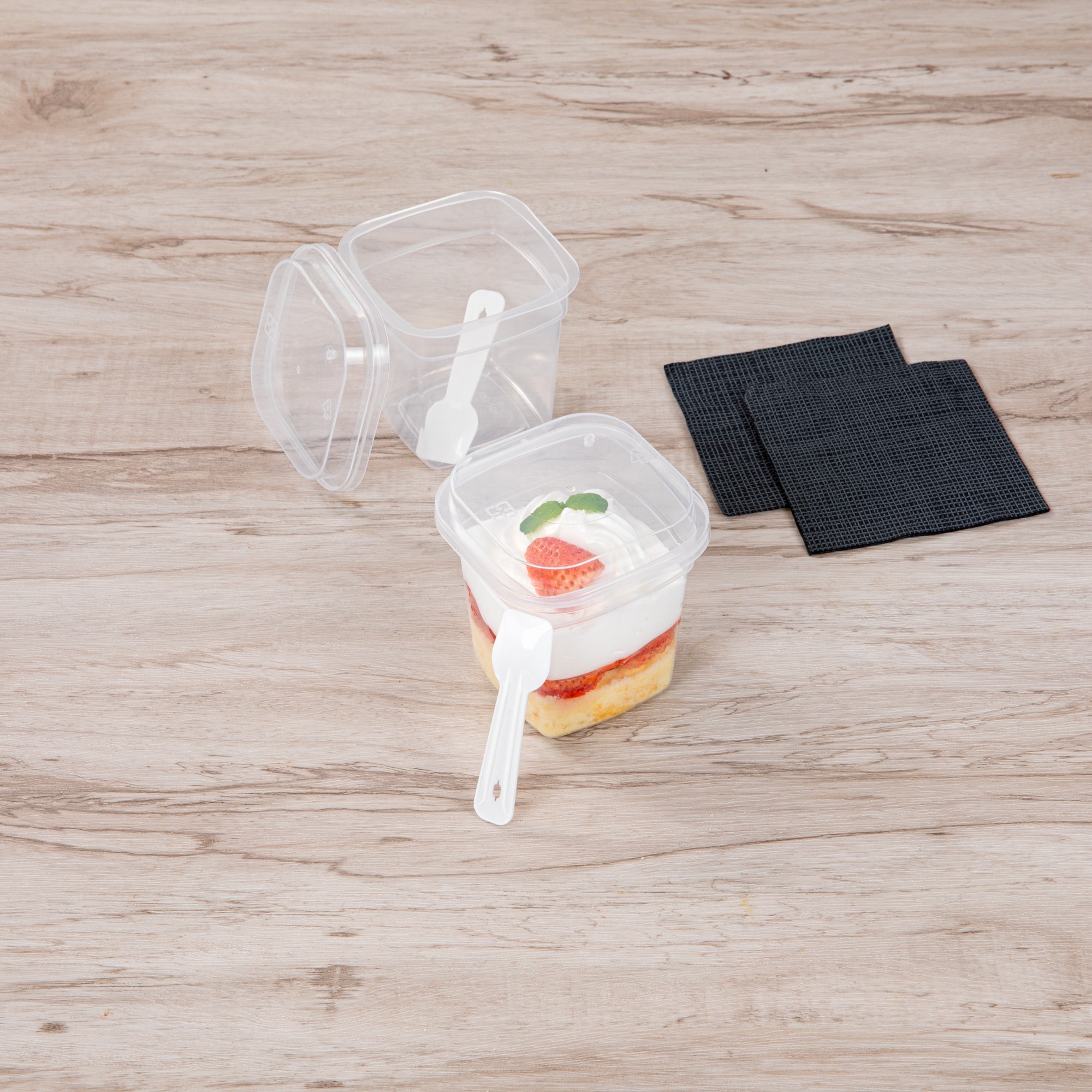 Mini Serve 7 oz Square Clear Plastic Dessert Cup - with Lid and Spoon - 3 1/4'' x 3 1/4'' x 3 1/2'' - 100 count box