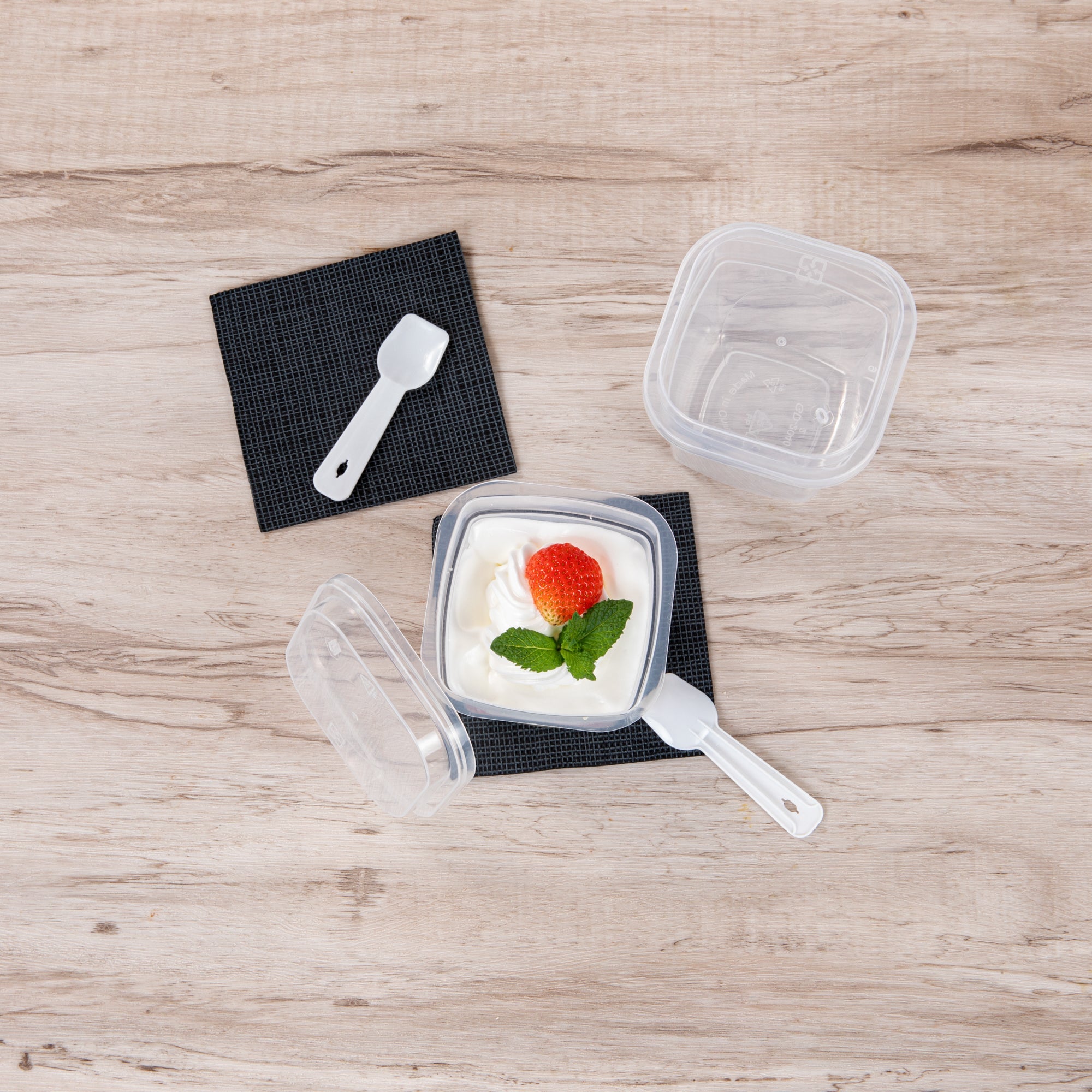 Mini Serve 7 oz Square Clear Plastic Dessert Cup - with Lid and Spoon - 3 1/4'' x 3 1/4'' x 3 1/2'' - 100 count box