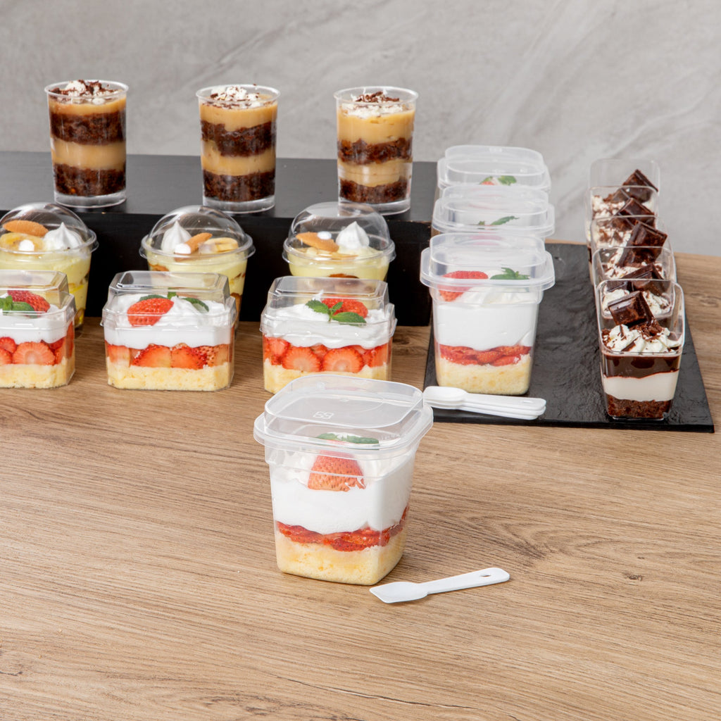 Mini Serve 7 oz Square Clear Plastic Dessert Cup - with Lid and Spoon - 3 1/4'' x 3 1/4'' x 3 1/2'' - 100 count box
