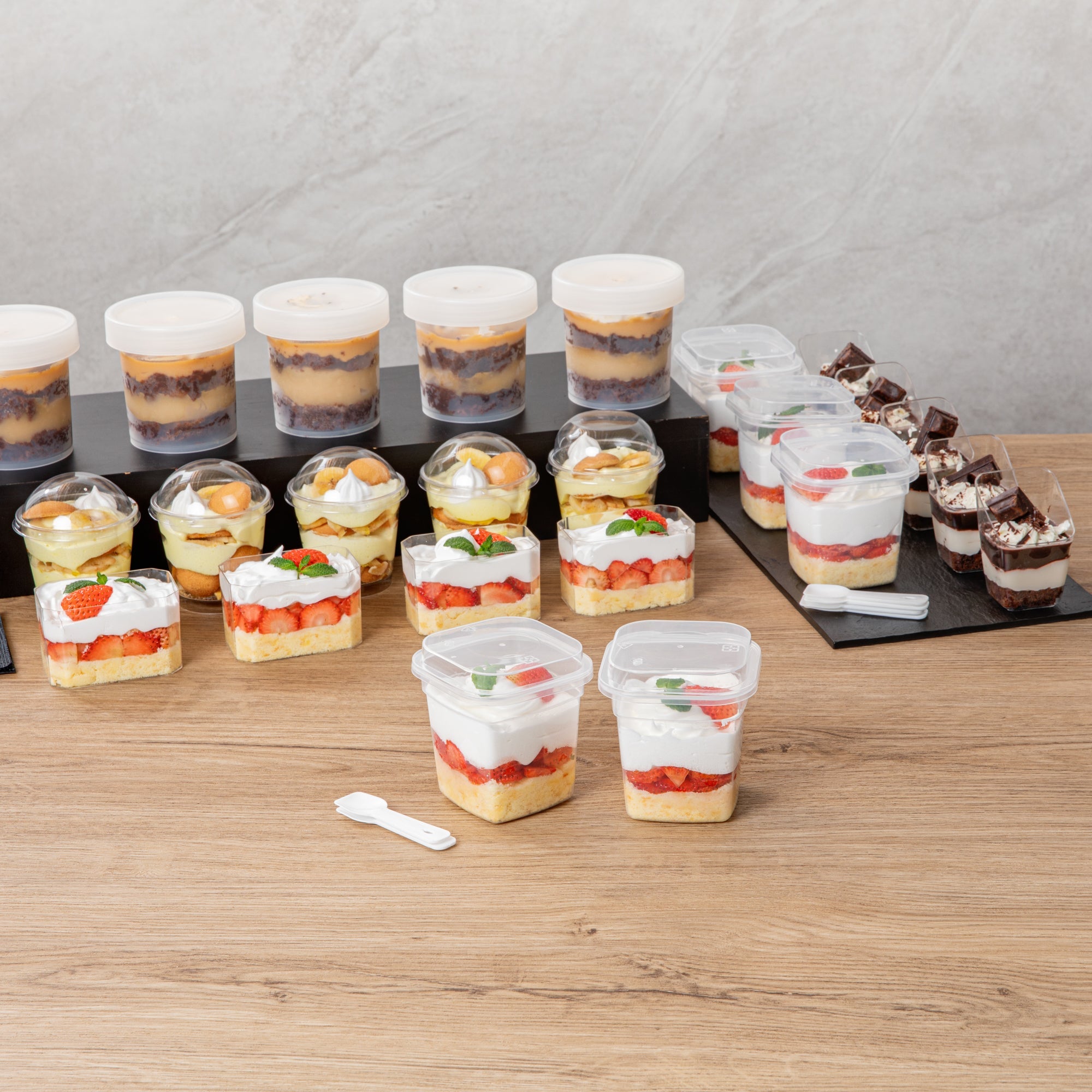 Mini Serve 7 oz Square Clear Plastic Dessert Cup - with Lid and Spoon - 3 1/4'' x 3 1/4'' x 3 1/2'' - 100 count box