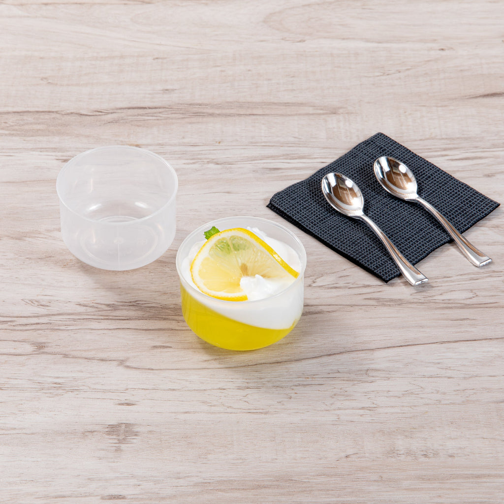 Mini Serve 4 oz Round Clear Plastic Dessert Cup - 2 3/4'' x 2 1/2'' x 1 3/4'' - 100 count box