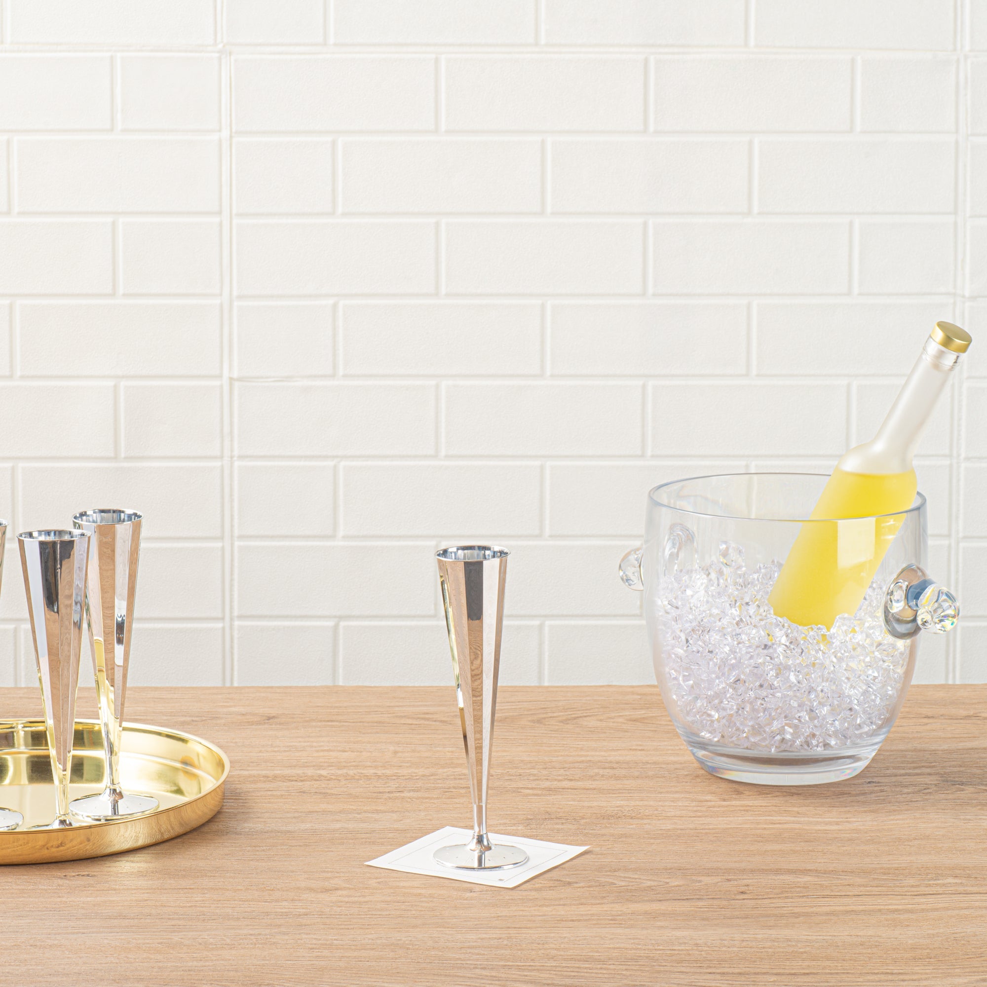 Bev Tek 5 oz Mirrored Plastic Champagne Flute - Vertical Cut - 2" x 2" x 8 1/2" - 100 count box