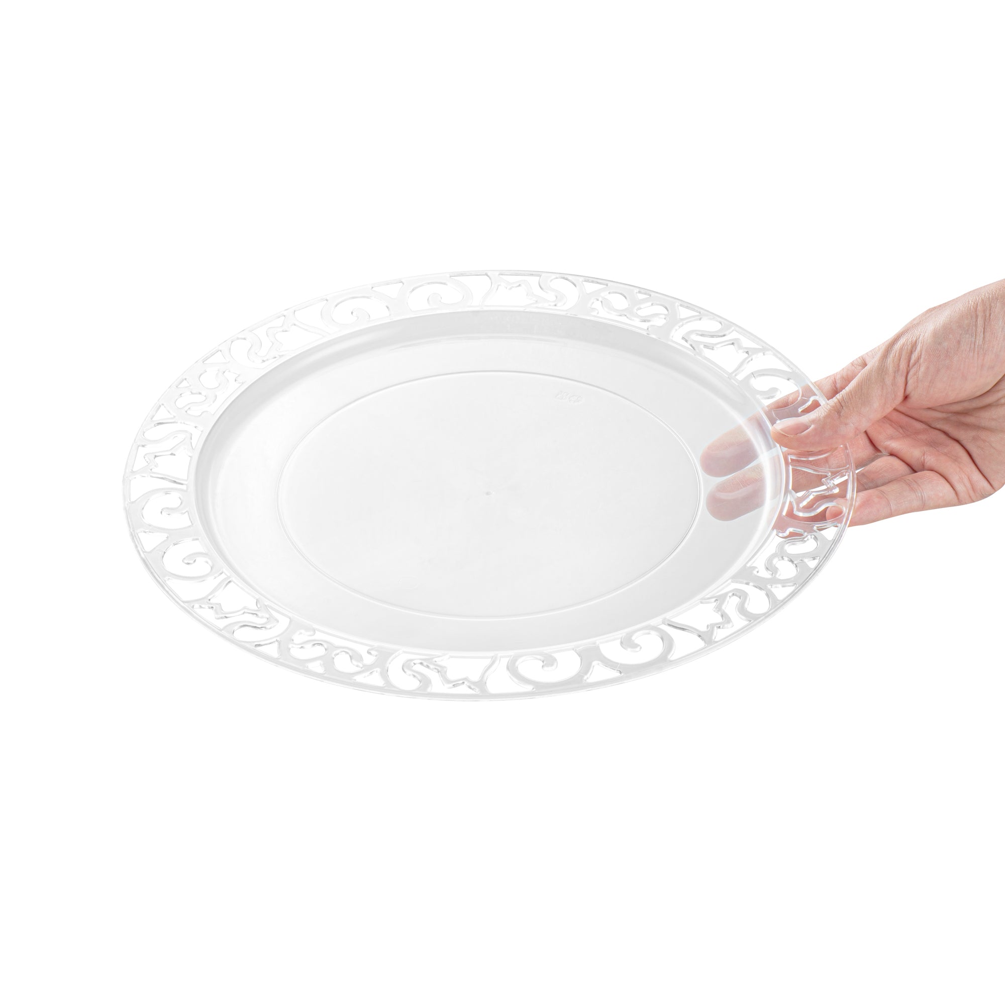 Maxi Serve Round Clear Plastic Plate - with Lace Rim - 11 3/4" x 11 3/4" - 25 count box