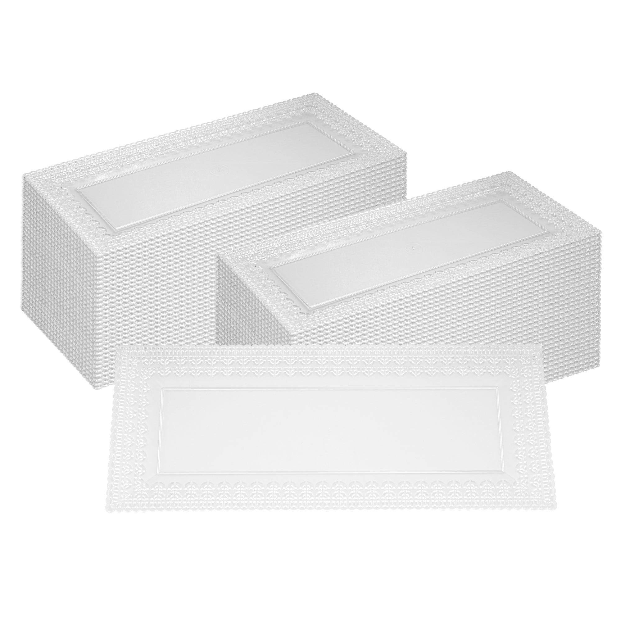 Maxi Serve Rectangle Clear Plastic Plate - with Lace Rim - 14 1/4" x 6 1/4" - 25 count box