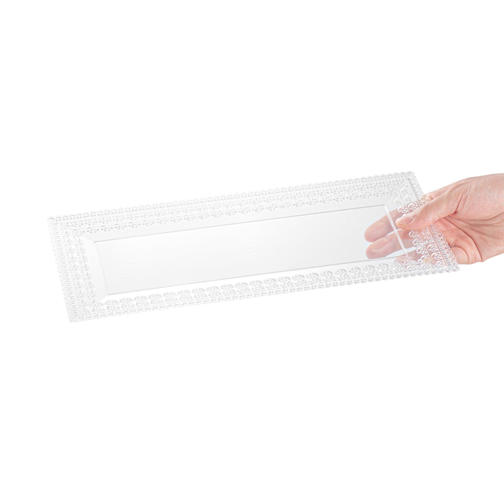 Maxi Serve Rectangle Clear Plastic Plate - with Lace Rim - 14 1/4" x 6 1/4" - 25 count box