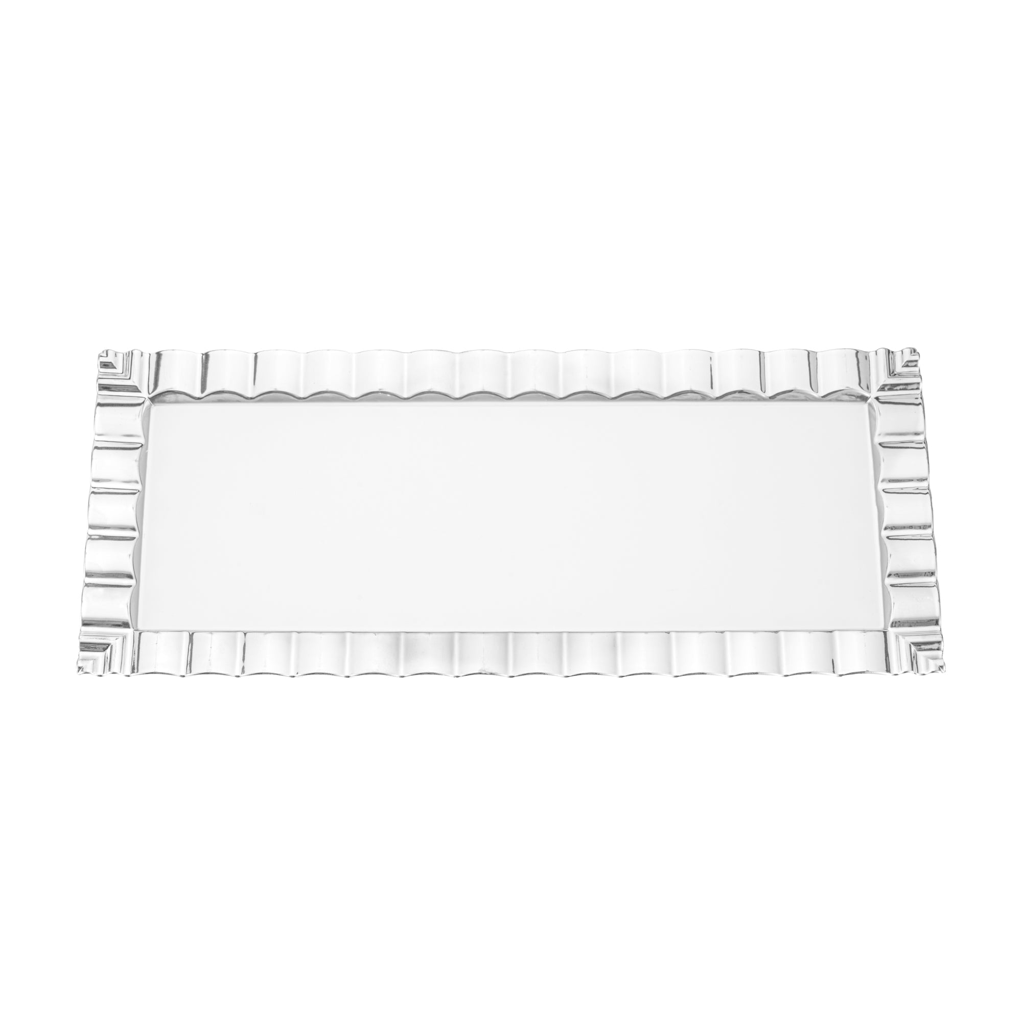 Maxi Serve Rectangle White Plastic Plate - with Silver Ruffled Rim - 14 1/4" x 6 1/4" - 25 count box