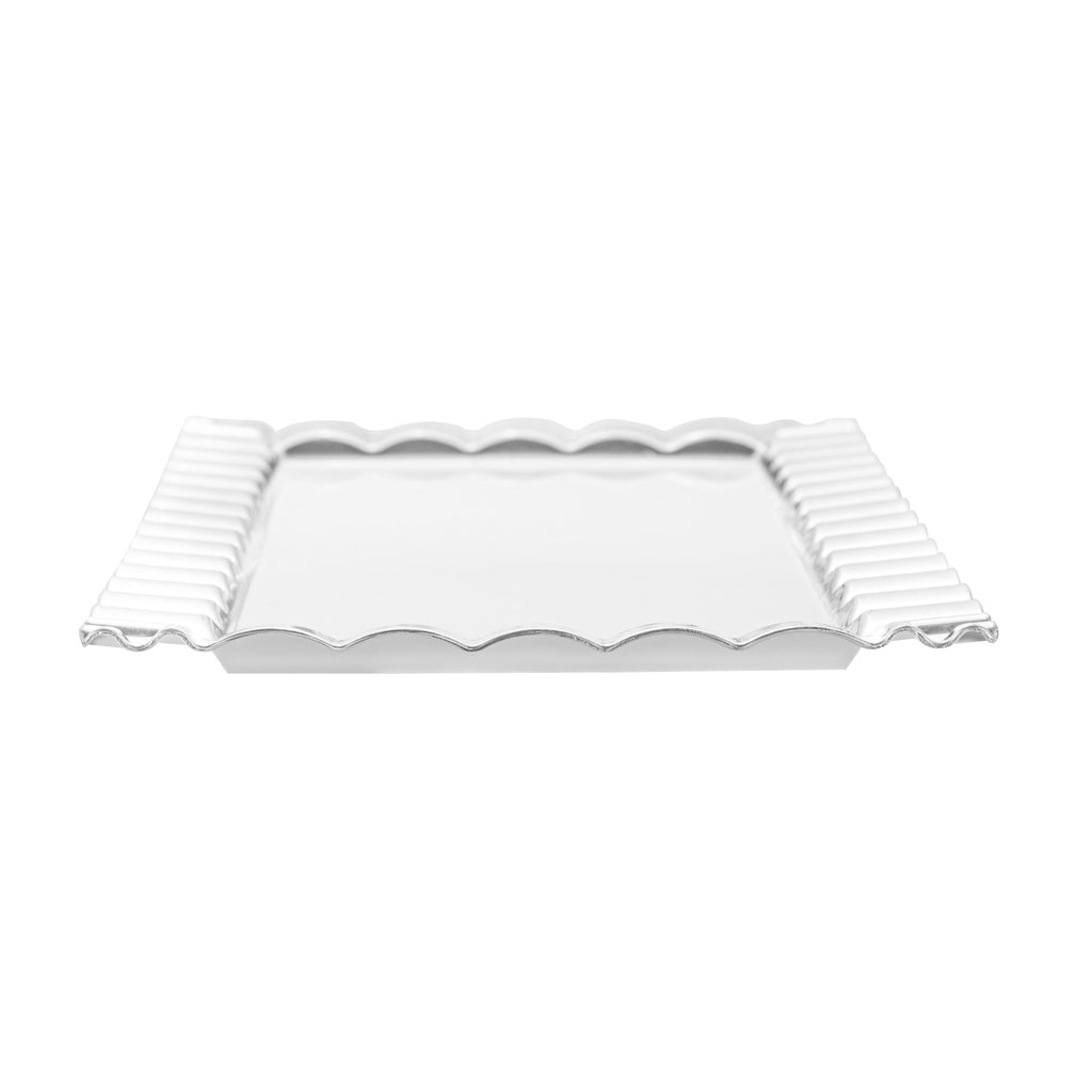 Maxi Serve Rectangle White Plastic Plate - with Silver Ruffled Rim - 14 1/4" x 6 1/4" - 25 count box