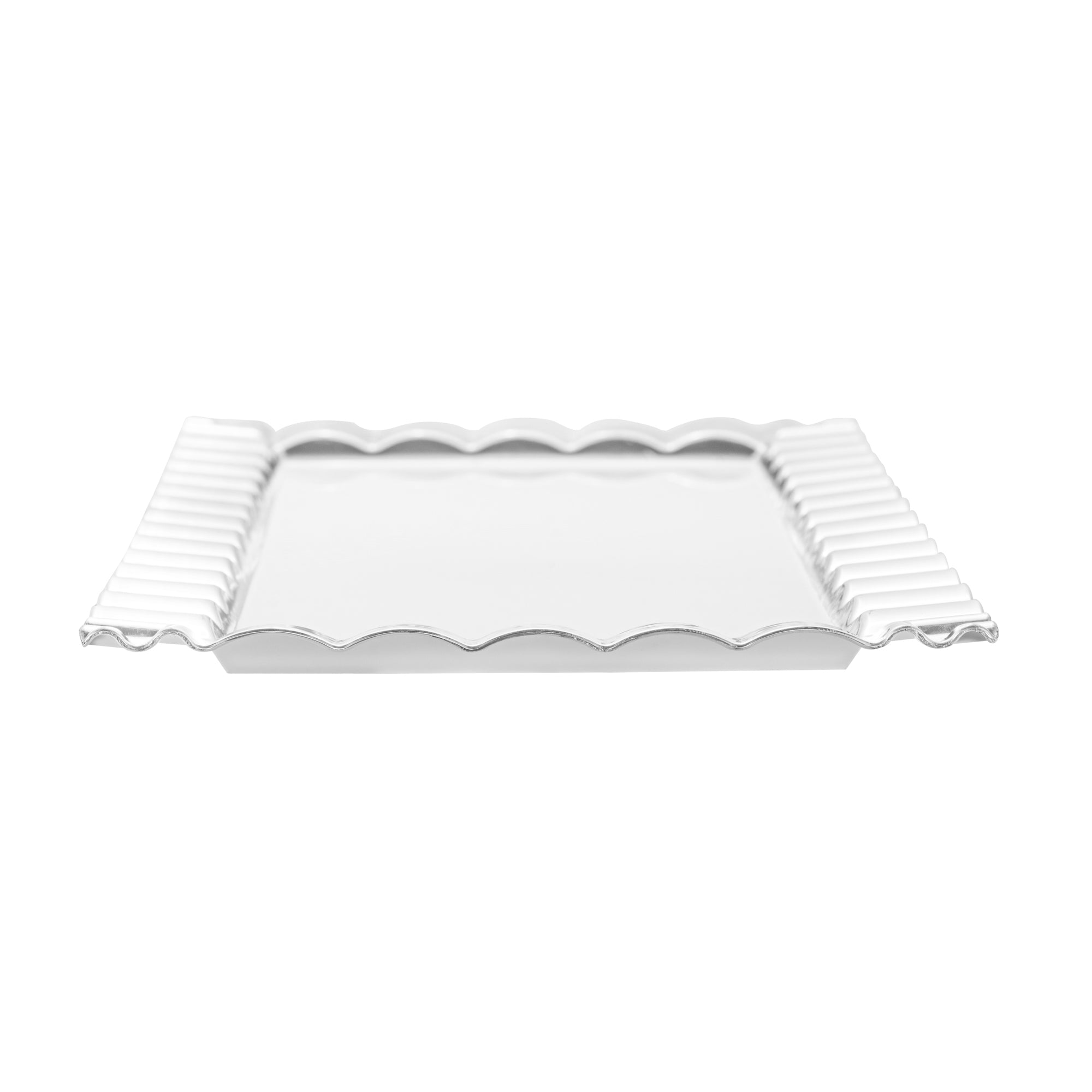 Maxi Serve Rectangle White Plastic Plate - with Silver Ruffled Rim - 14 1/4" x 6 1/4" - 25 count box