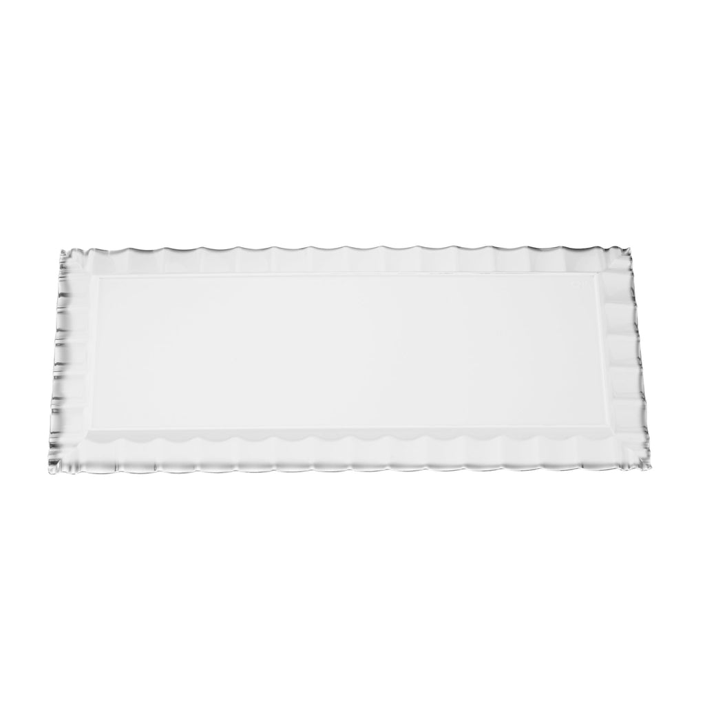 Maxi Serve Rectangle White Plastic Plate - with Silver Ruffled Rim - 14 1/4" x 6 1/4" - 25 count box