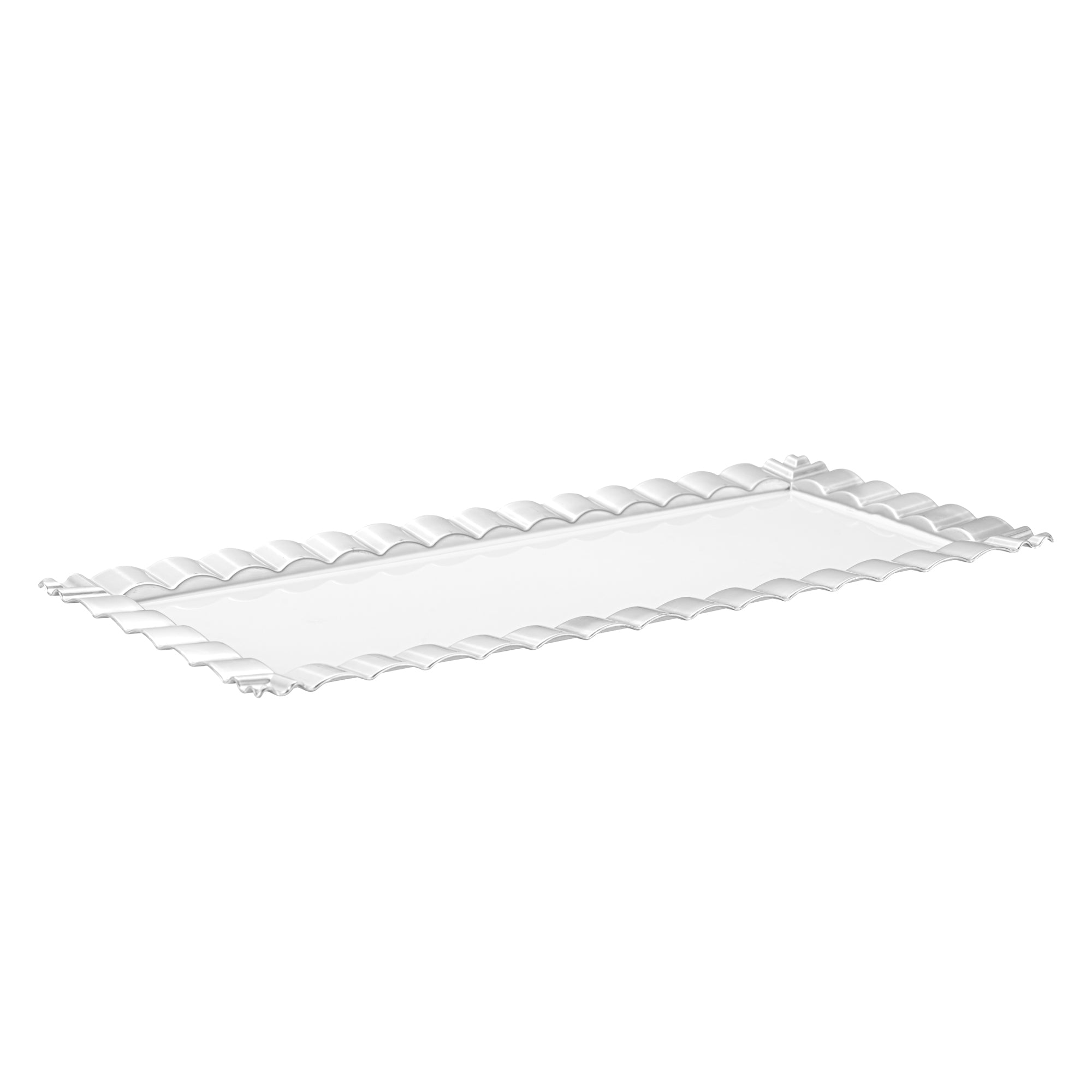 Maxi Serve Rectangle White Plastic Plate - with Silver Ruffled Rim - 14 1/4" x 6 1/4" - 25 count box