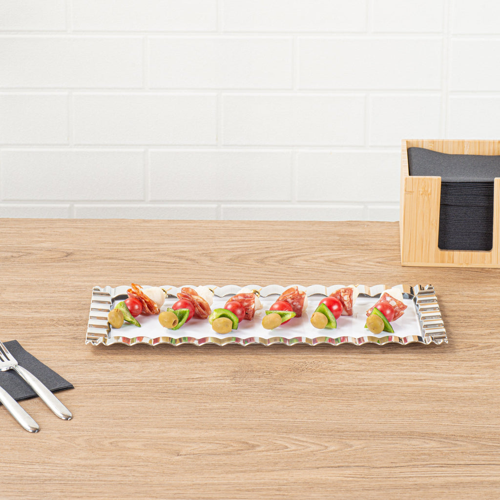 Maxi Serve Rectangle White Plastic Plate - with Silver Ruffled Rim - 14 1/4" x 6 1/4" - 25 count box