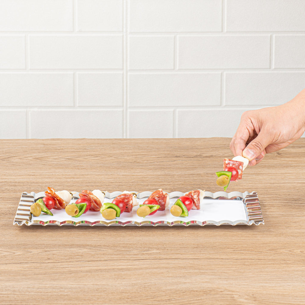 Maxi Serve Rectangle White Plastic Plate - with Silver Ruffled Rim - 14 1/4" x 6 1/4" - 25 count box