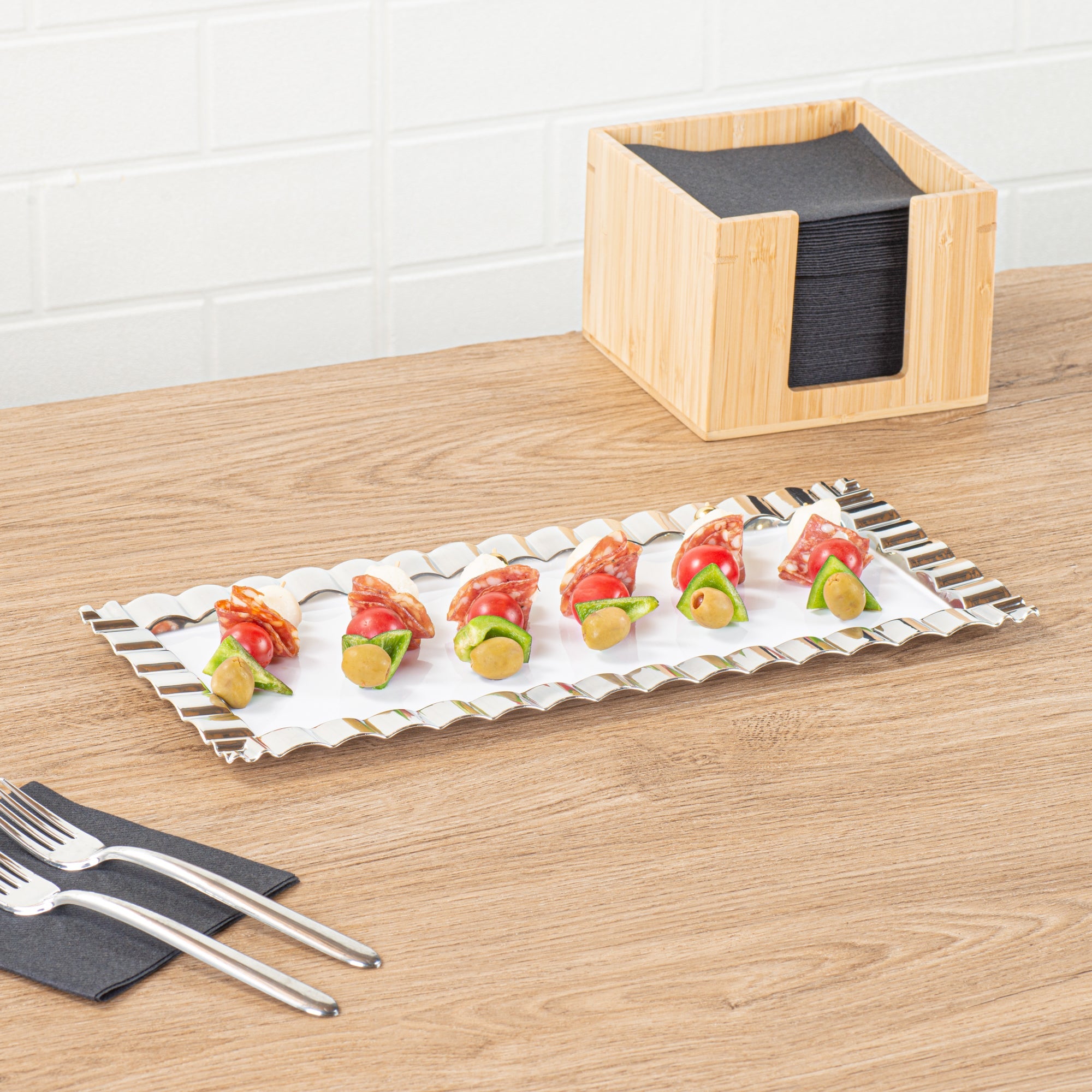 Maxi Serve Rectangle White Plastic Plate - with Silver Ruffled Rim - 14 1/4" x 6 1/4" - 100 count box