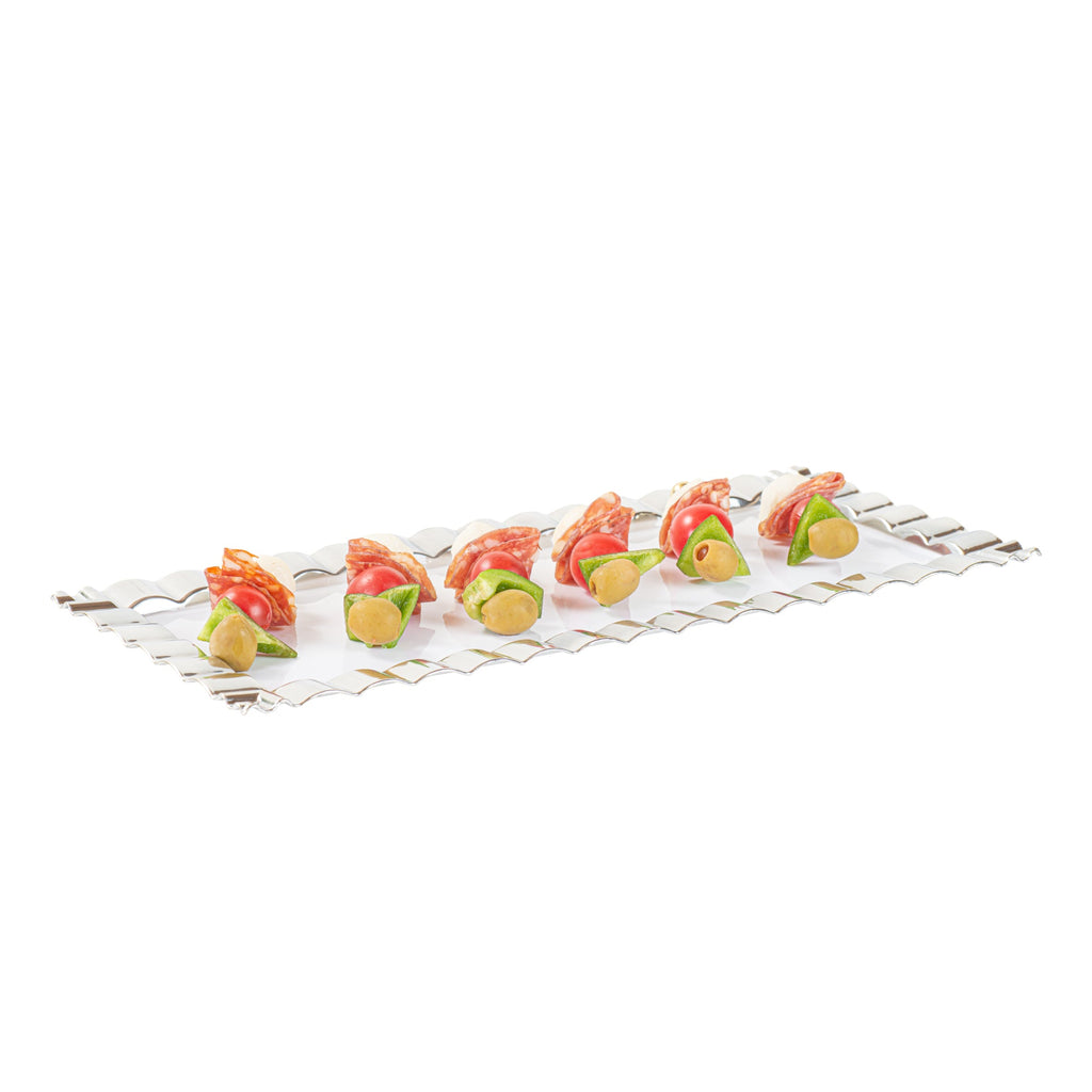 Maxi Serve Rectangle White Plastic Plate - with Silver Ruffled Rim - 14 1/4" x 6 1/4" - 100 count box
