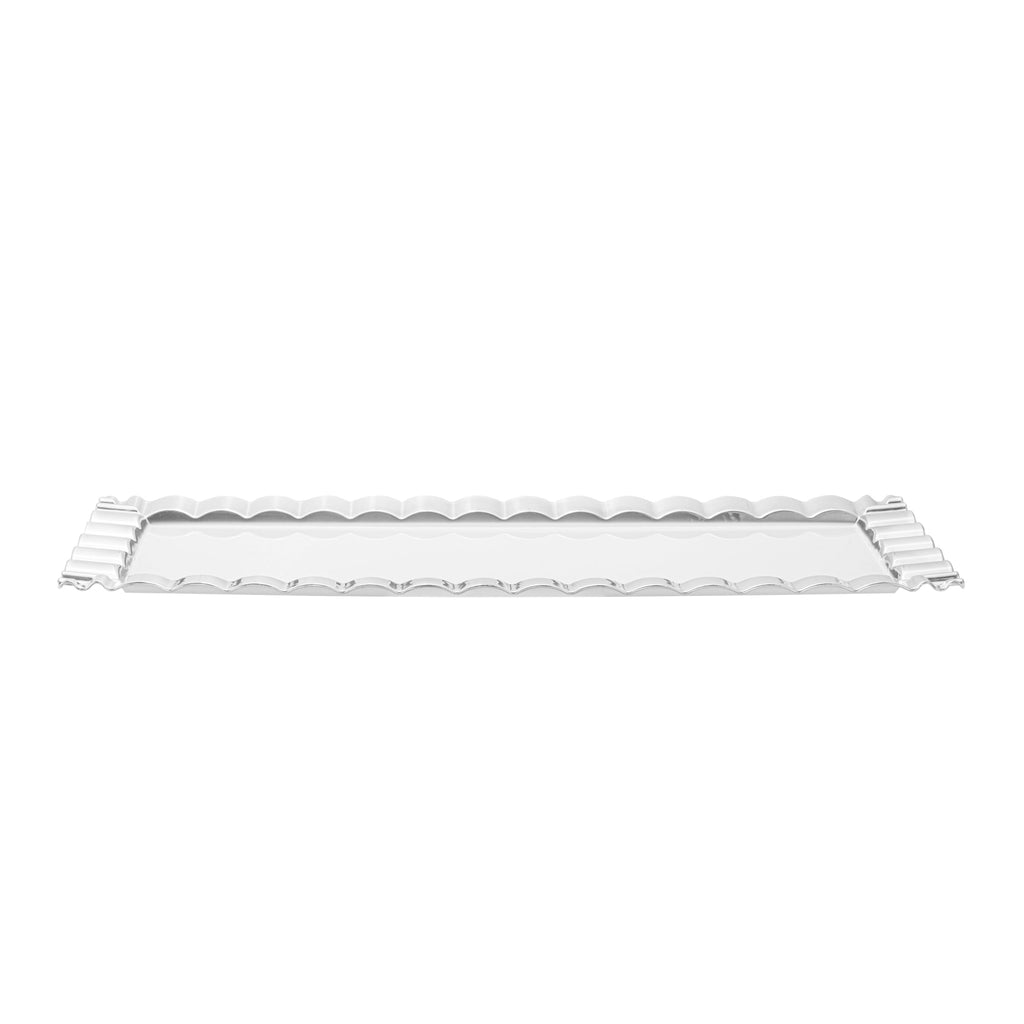 Maxi Serve Rectangle White Plastic Plate - with Silver Ruffled Rim - 14 1/4" x 6 1/4" - 100 count box