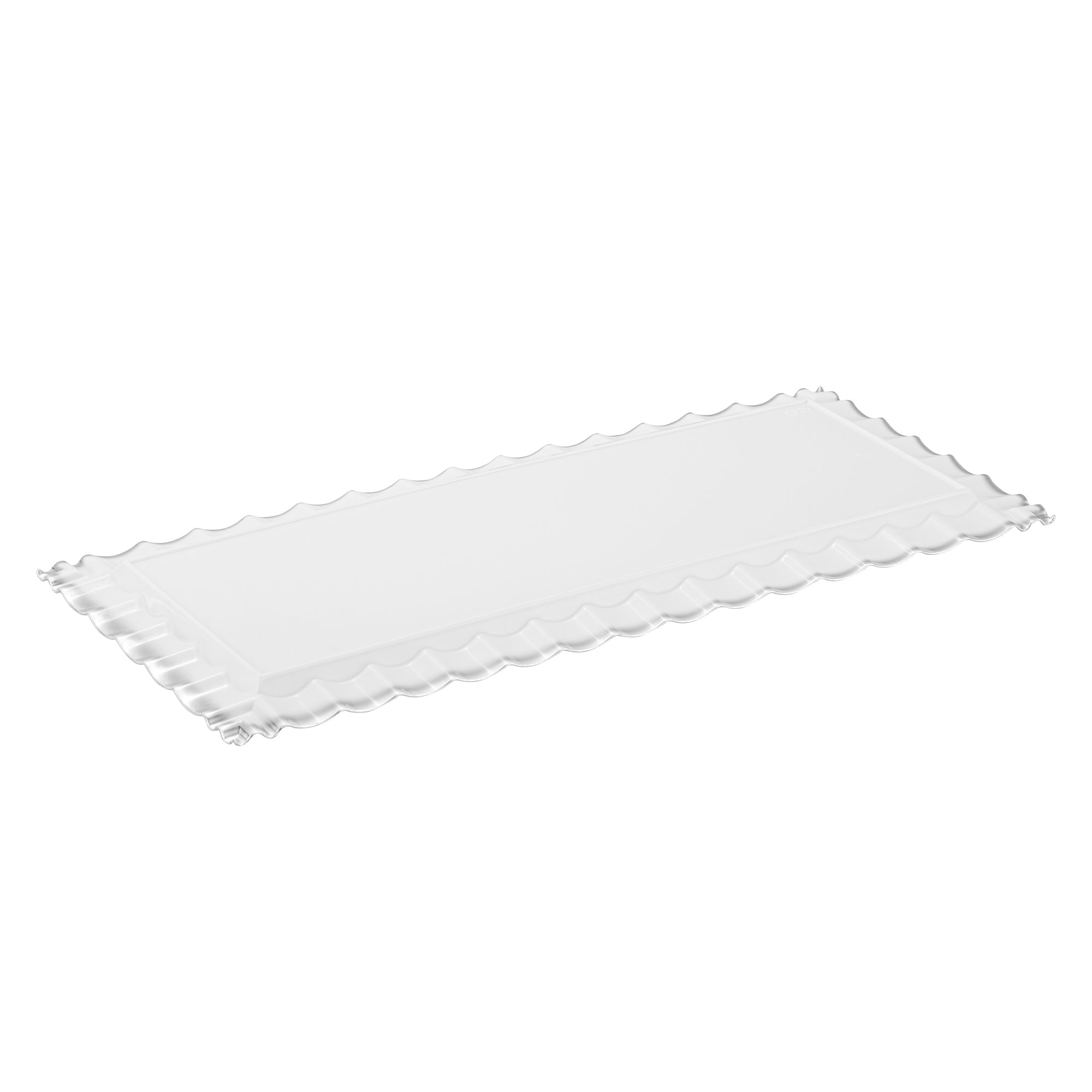 Maxi Serve Rectangle White Plastic Plate - with Silver Ruffled Rim - 14 1/4" x 6 1/4" - 100 count box
