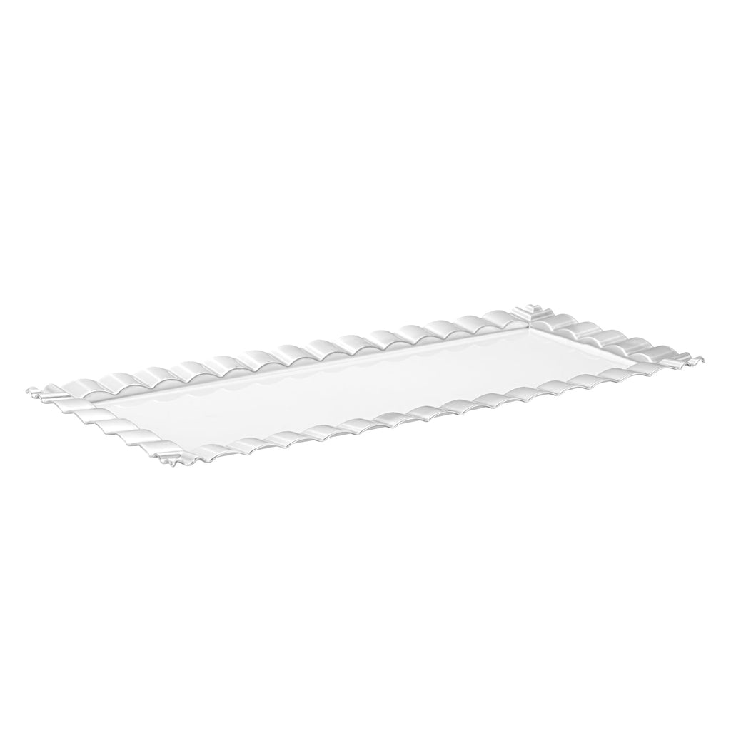 Maxi Serve Rectangle White Plastic Plate - with Silver Ruffled Rim - 14 1/4" x 6 1/4" - 100 count box