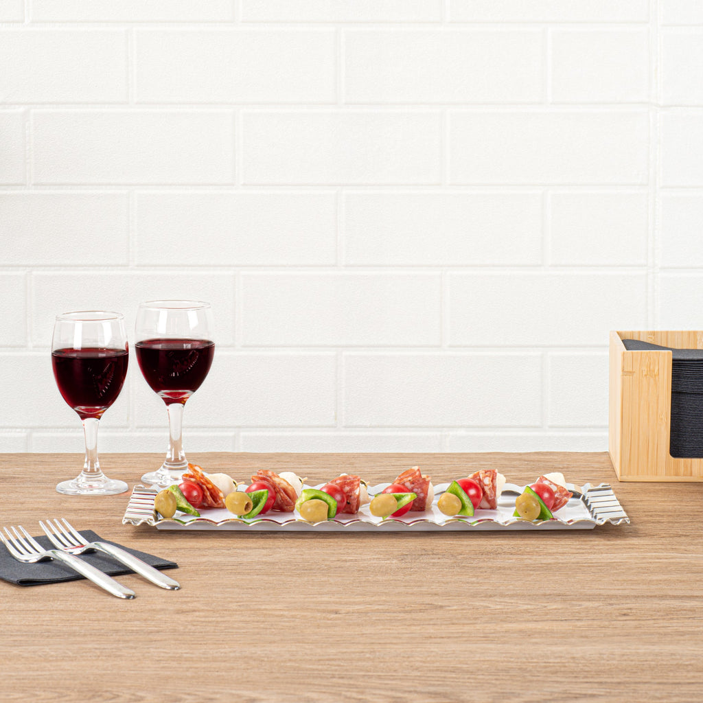 Maxi Serve Rectangle White Plastic Plate - with Silver Ruffled Rim - 14 1/4" x 6 1/4" - 100 count box