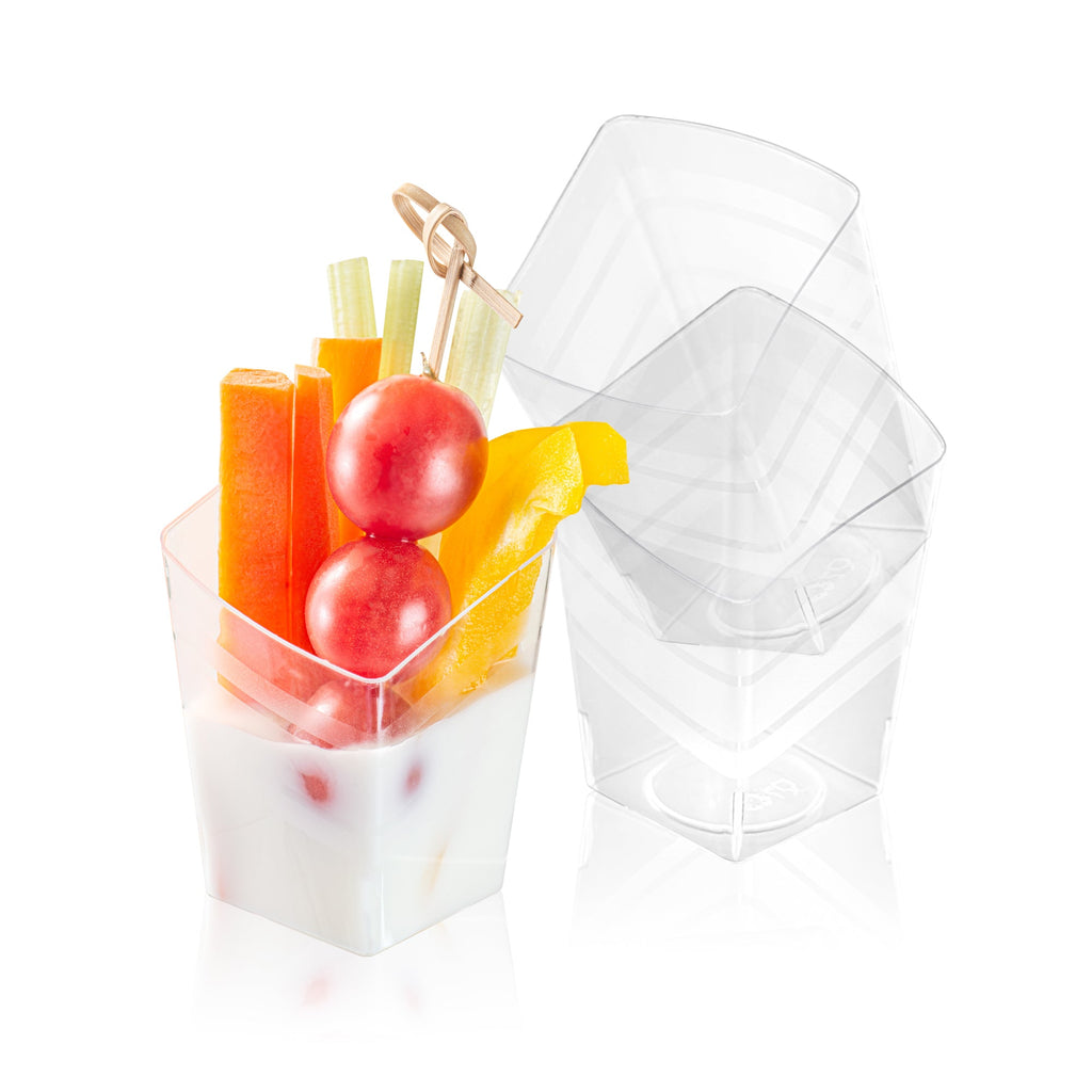 Mini Serve 3 oz Rounded Diamond Clear Plastic Incline Cup - with Stripes - 2" x 2" x 3" - 25 count box