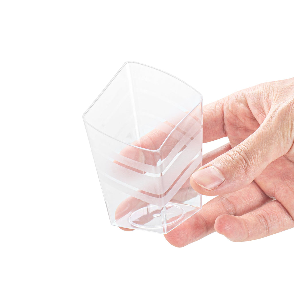 Mini Serve 3 oz Rounded Diamond Clear Plastic Incline Cup - with Stripes - 2" x 2" x 3" - 25 count box