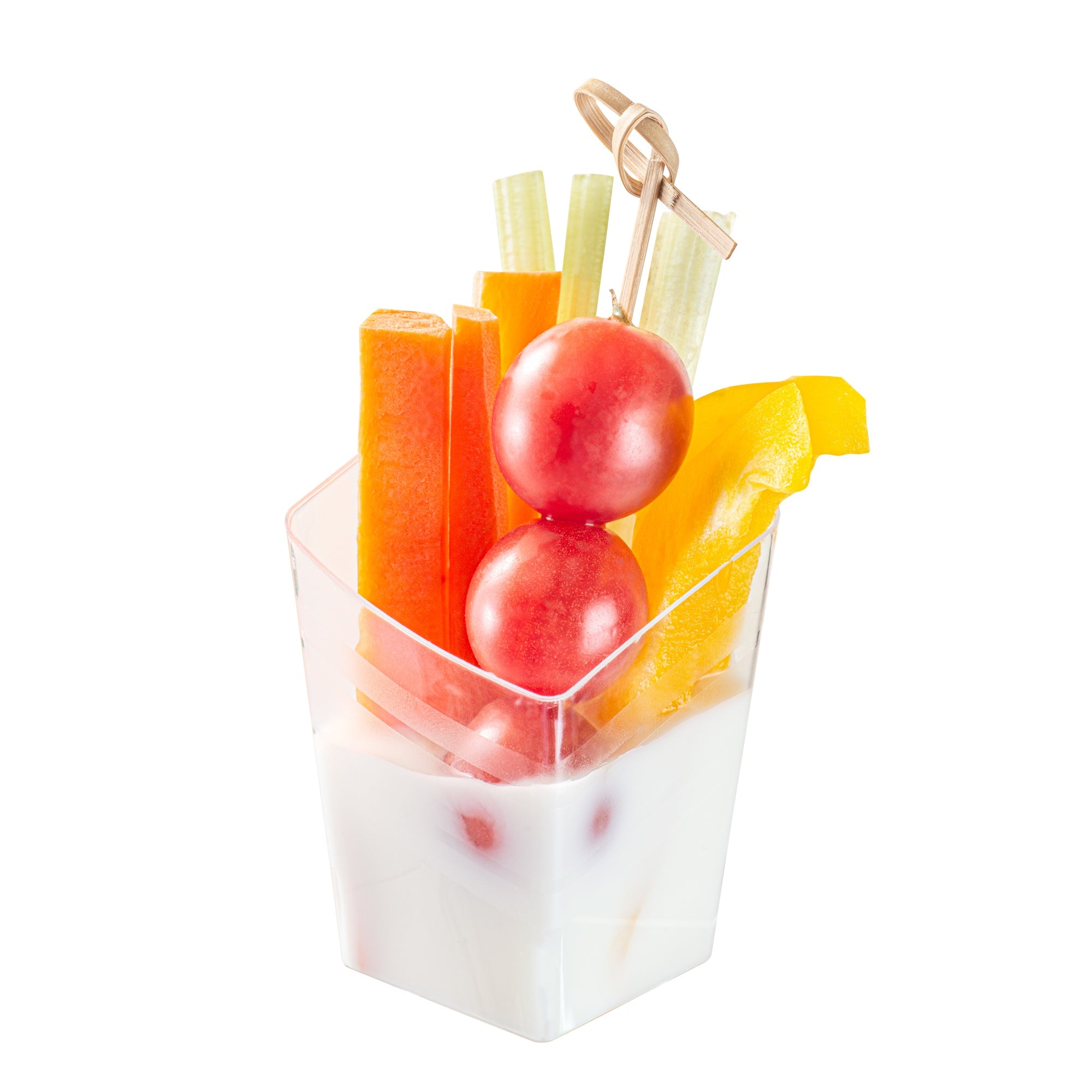 Mini Serve 3 oz Rounded Diamond Clear Plastic Incline Cup - with Stripes - 2" x 2" x 3" - 25 count box