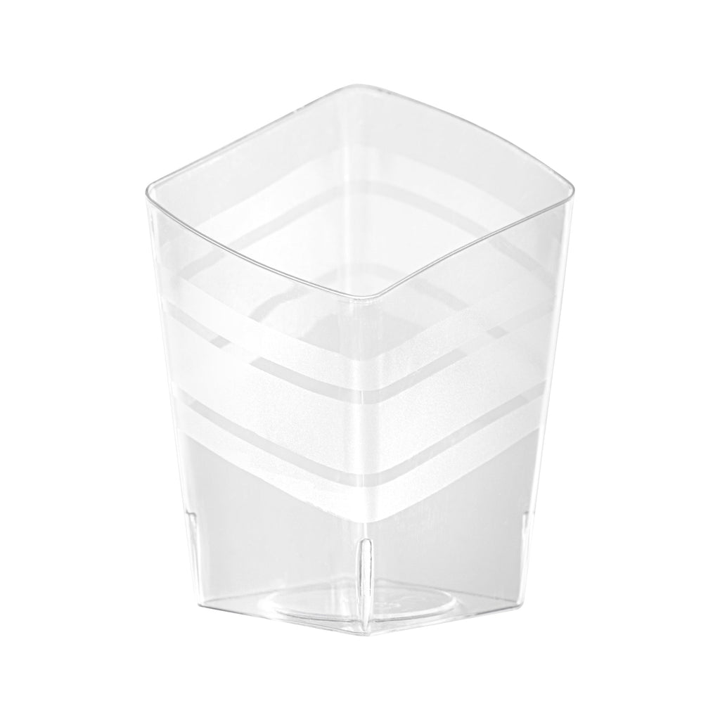 Mini Serve 3 oz Rounded Diamond Clear Plastic Incline Cup - with Stripes - 2" x 2" x 3" - 25 count box