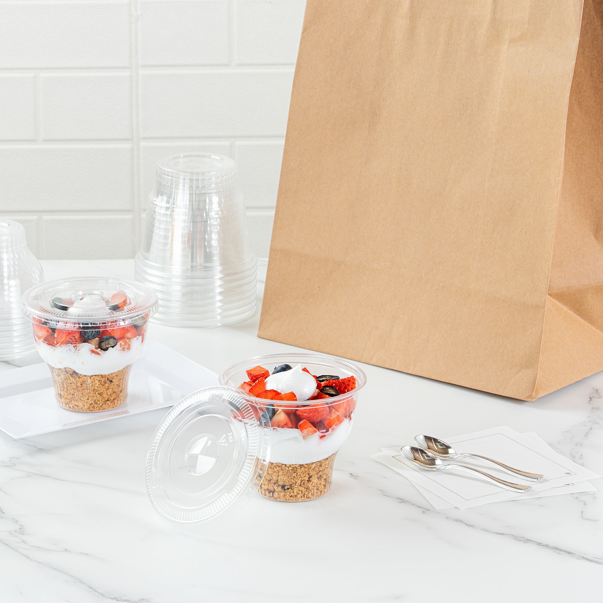 Chef 101 Round Clear Plastic Flat Lid - Fits Plastic Dessert Cup - 3 3/4" x 3 3/4" - 50 count box