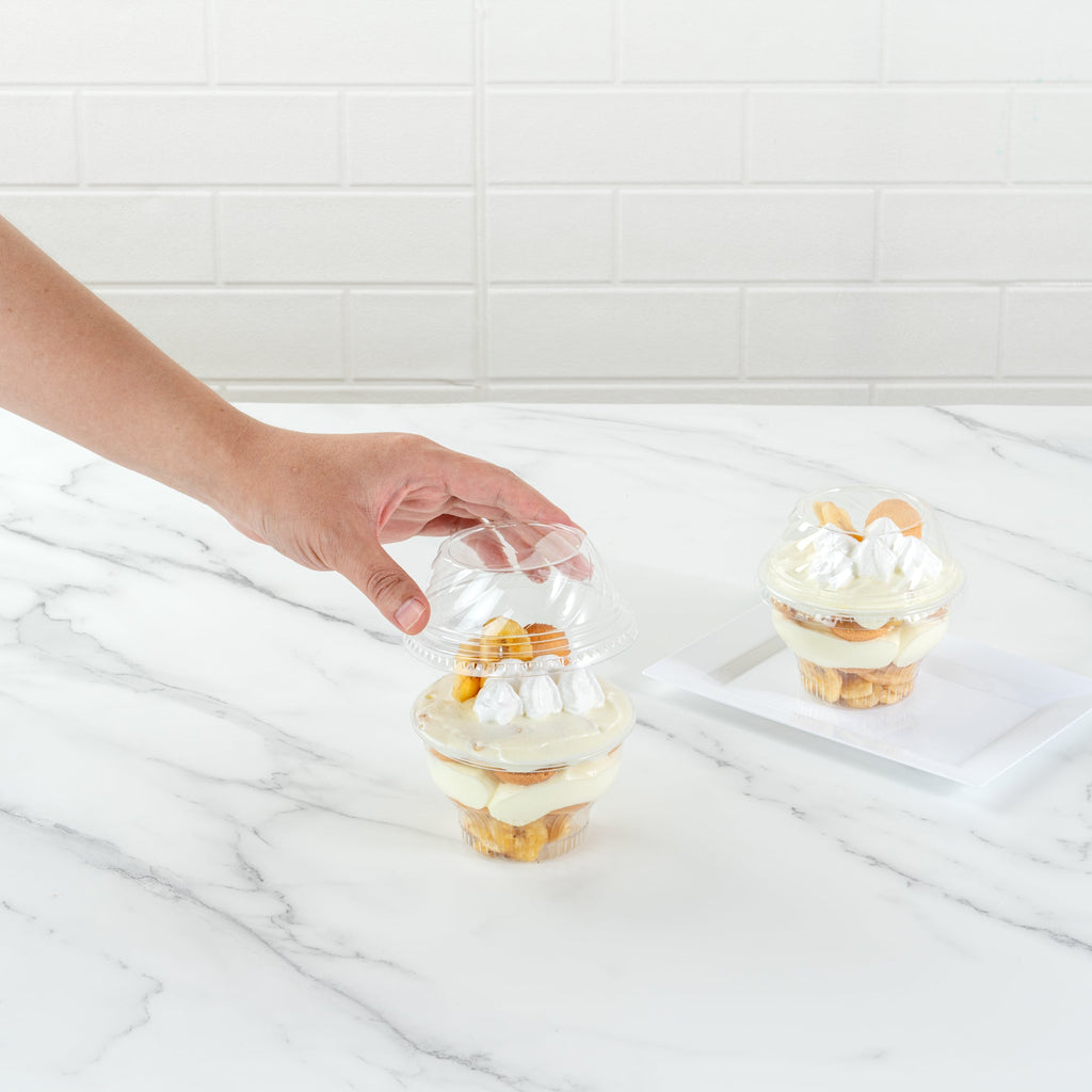 Chef 101 Round Clear Plastic Low Dome Lid - Fits Plastic Dessert Cup - 3 3/4" x 3 3/4" x 1 1/2" - 50 count box