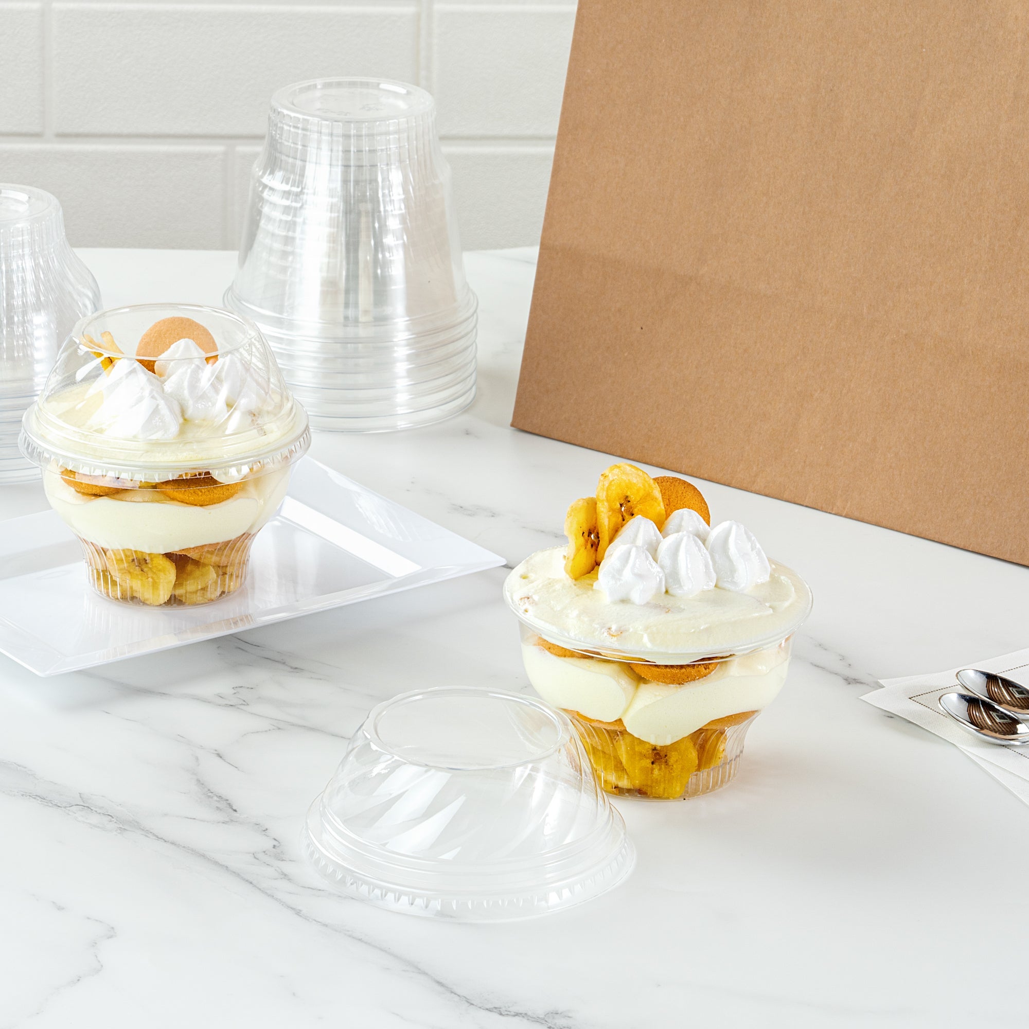 Chef 101 Round Clear Plastic Low Dome Lid - Fits Plastic Dessert Cup - 3 3/4" x 3 3/4" x 1 1/2" - 50 count box