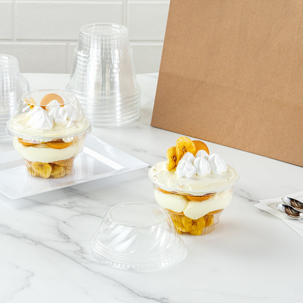 Chef 101 Round Clear Plastic Low Dome Lid - Fits Plastic Dessert Cup - 3 3/4" x 3 3/4" x 1 1/2" - 500 count box