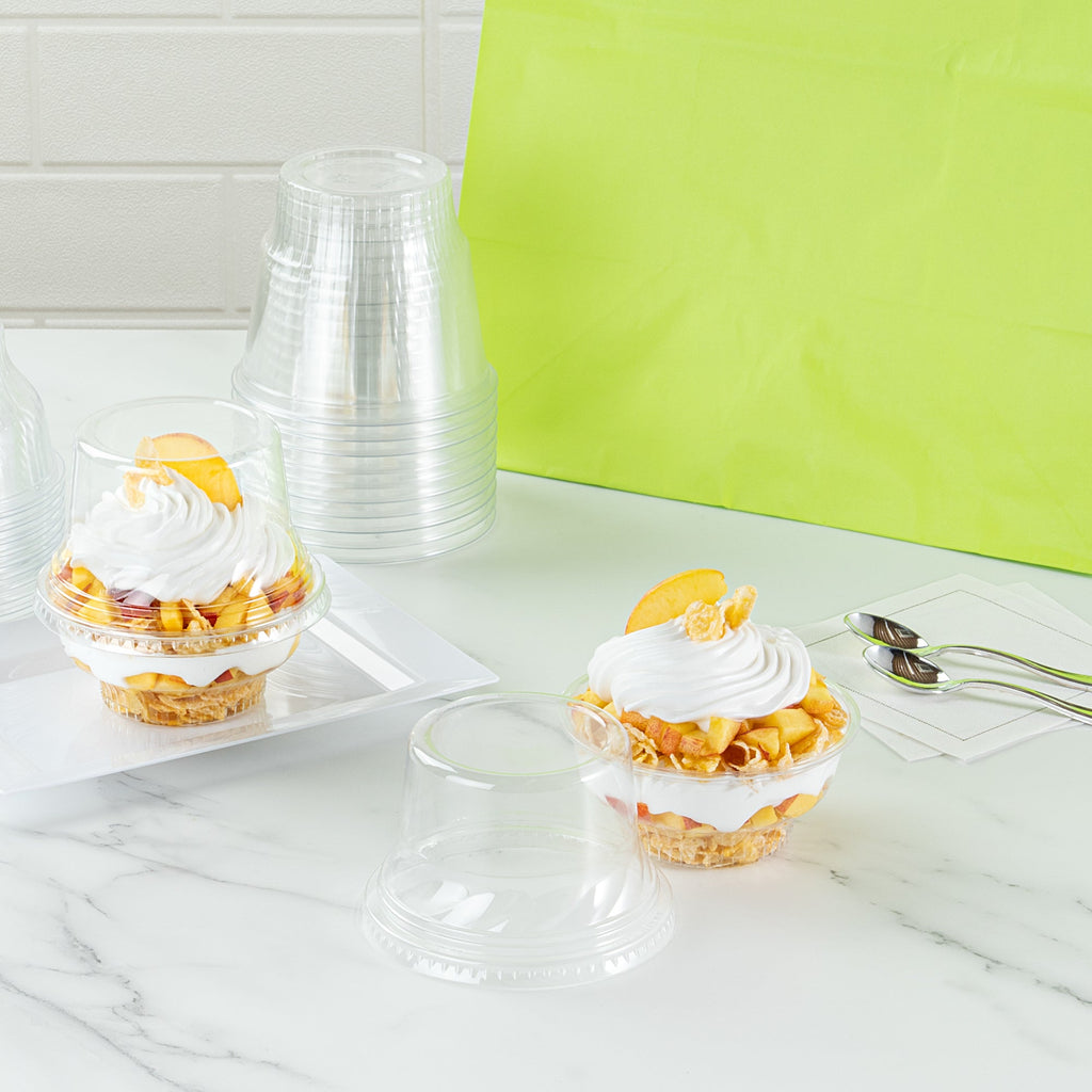 Chef 101 Round Clear Plastic Tall Dome Lid - Fits Plastic Dessert Cup - 3 3/4" x 3 3/4" x 2 1/2" - 500 count box
