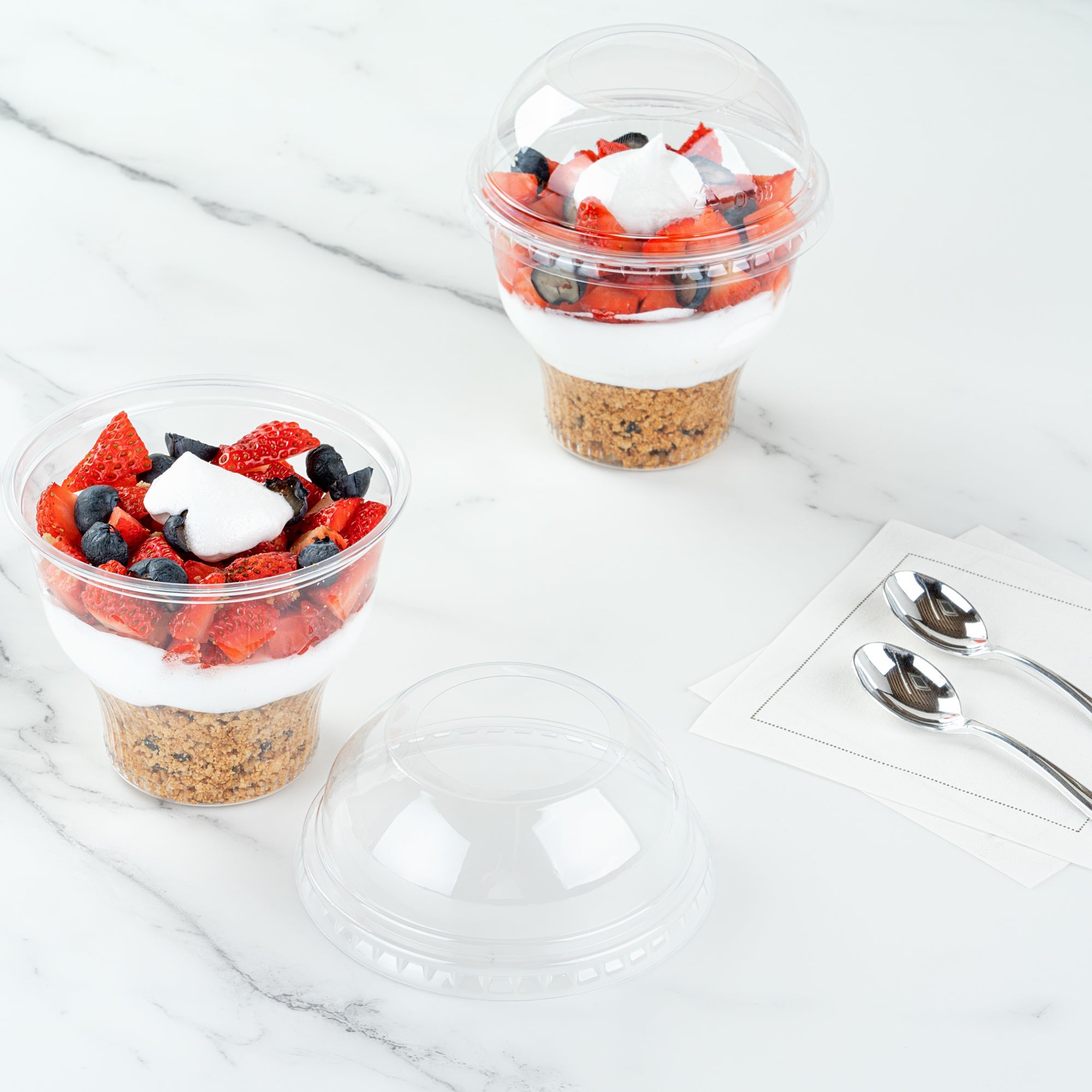 Chef 101 Round Clear Plastic Dome Lid - Fits Plastic Dessert Cup, with Hole - 3 3/4" x 3 3/4" x 1 1/2" - 500 count box