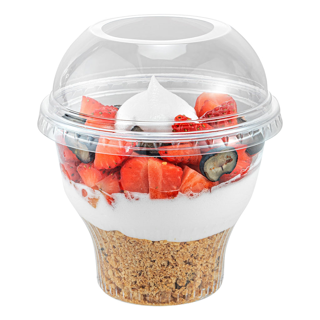 Chef 101 Round Clear Plastic Dome Lid - Fits Plastic Dessert Cup, with Hole - 3 3/4" x 3 3/4" x 1 1/2" - 50 count box