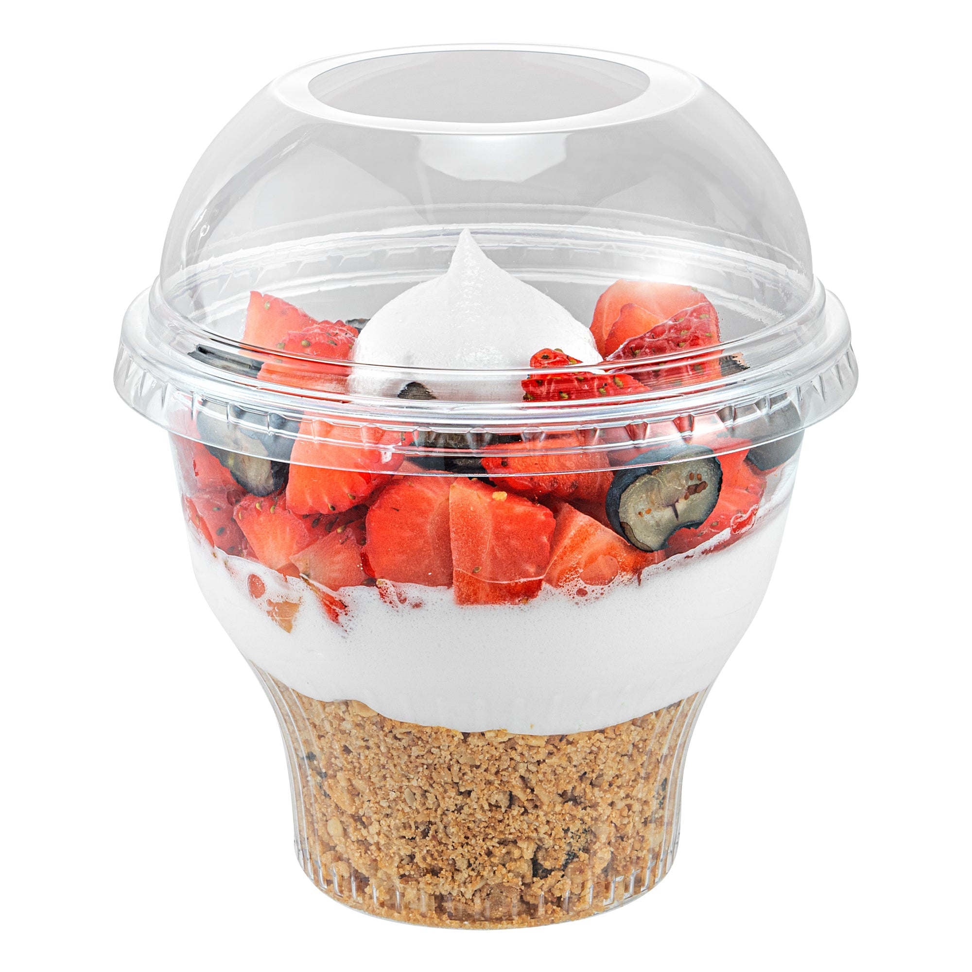 Chef 101 Round Clear Plastic Dome Lid - Fits Plastic Dessert Cup, with Hole - 3 3/4" x 3 3/4" x 1 1/2" - 50 count box