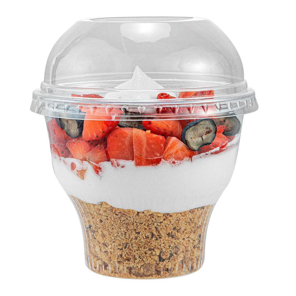 Chef 101 Round Clear Plastic Dome Lid - Fits Plastic Dessert Cup, with Hole - 3 3/4" x 3 3/4" x 1 1/2" - 50 count box