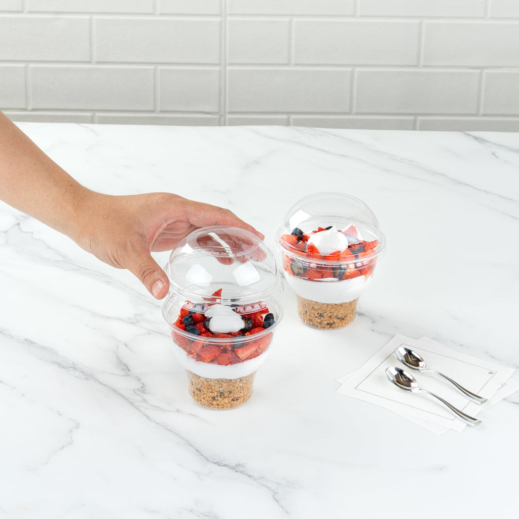 Chef 101 Round Clear Plastic Dome Lid - Fits Plastic Dessert Cup, with Hole - 3 3/4" x 3 3/4" x 1 1/2" - 50 count box