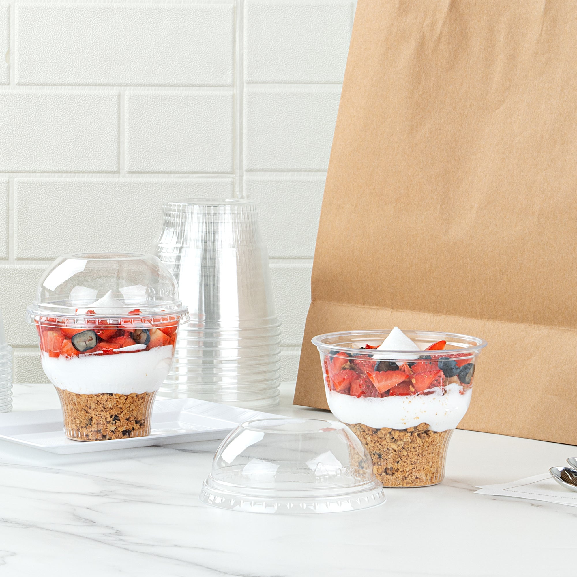Chef 101 Round Clear Plastic Dome Lid - Fits Plastic Dessert Cup, with Hole - 3 3/4" x 3 3/4" x 1 1/2" - 50 count box