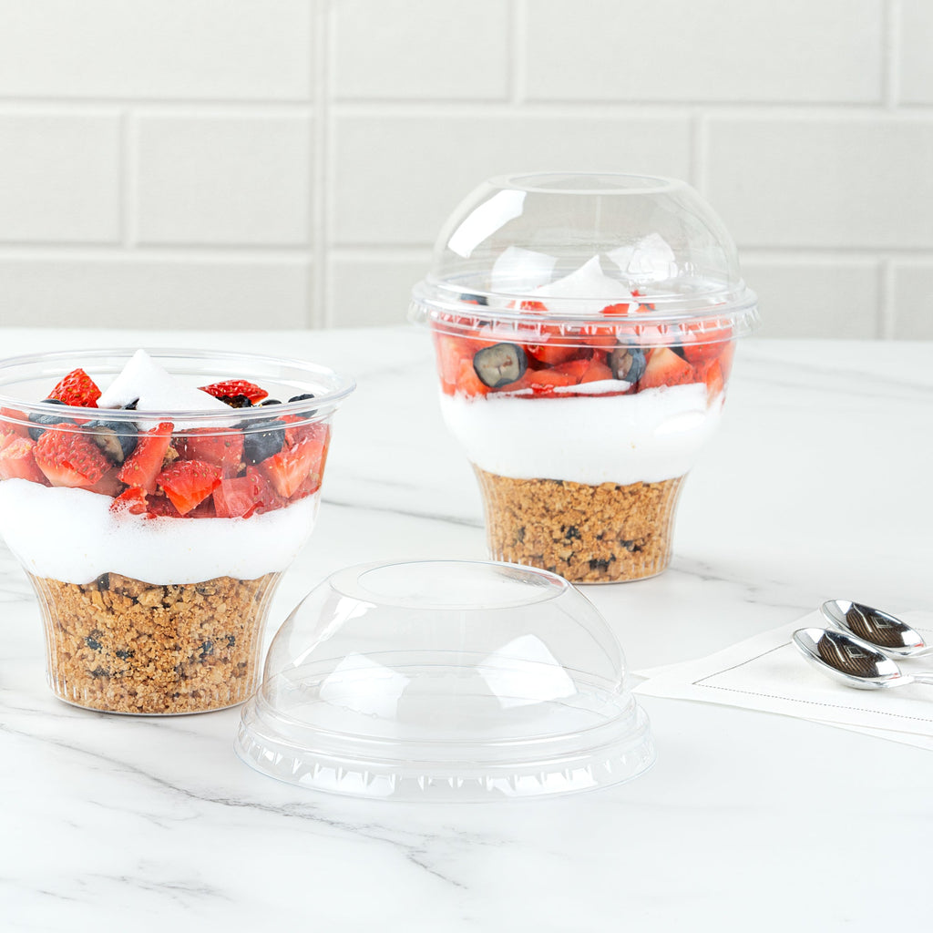 Chef 101 Round Clear Plastic Dome Lid - Fits Plastic Dessert Cup, with Hole - 3 3/4" x 3 3/4" x 1 1/2" - 500 count box