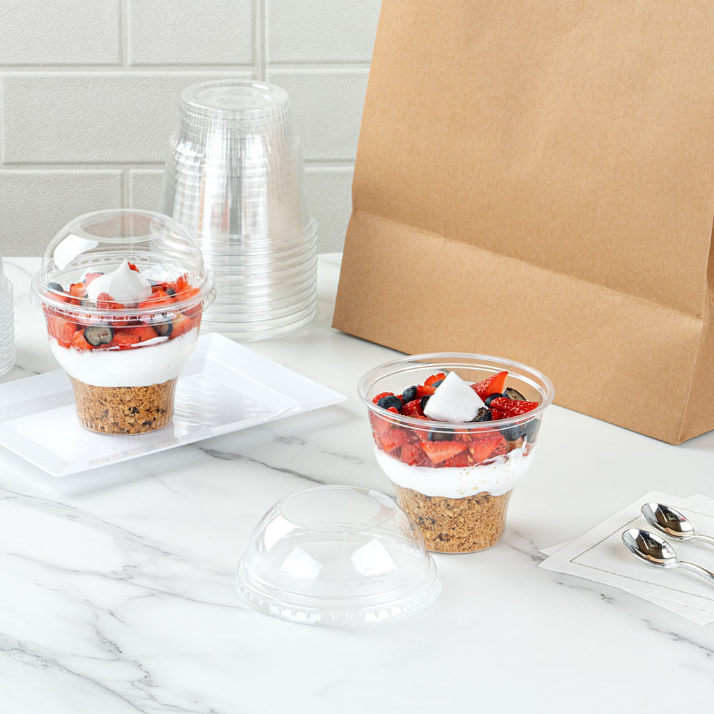 Chef 101 Round Clear Plastic Dome Lid - Fits Plastic Dessert Cup, with Hole - 3 3/4" x 3 3/4" x 1 1/2" - 500 count box