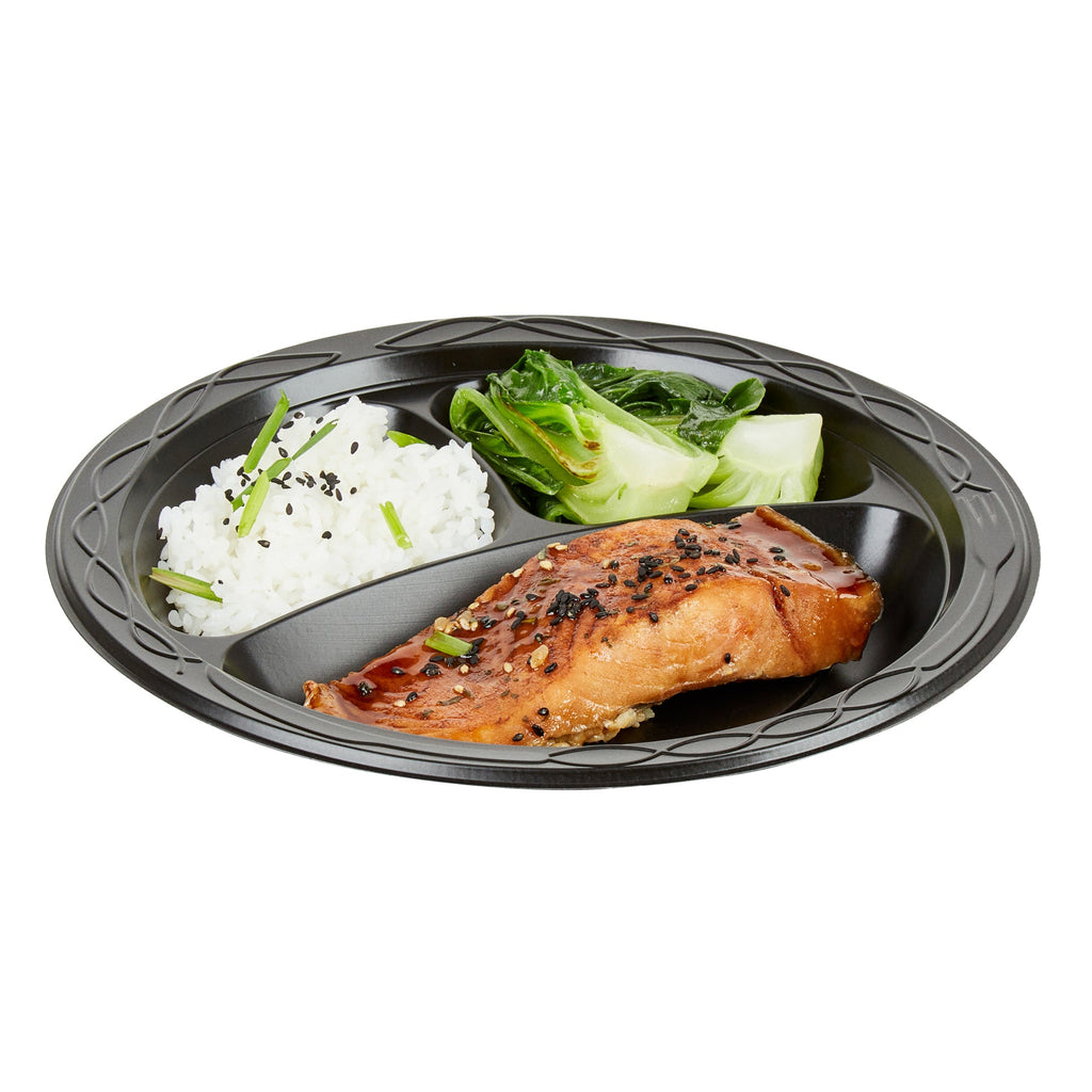 Chef 101 Round Black Plastic Plate - 3 Compartments, Microwavable - 9" x 9" x 3/4" - 50 count box