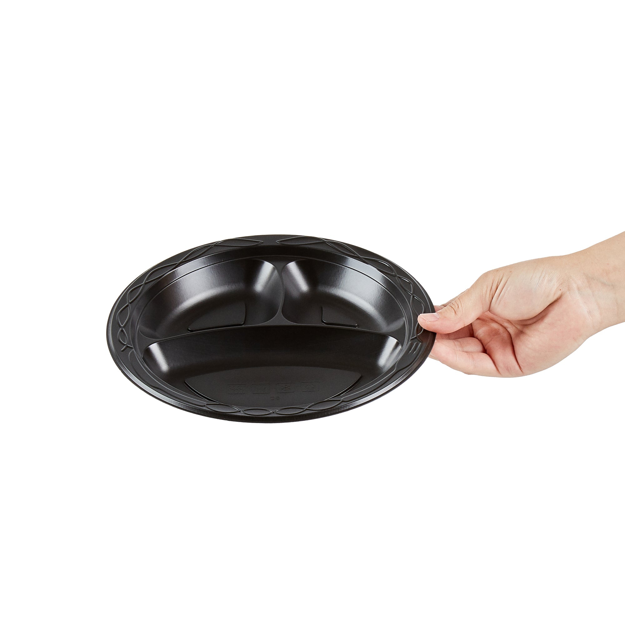 Chef 101 Round Black Plastic Plate - 3 Compartments, Microwavable - 9" x 9" x 3/4" - 50 count box