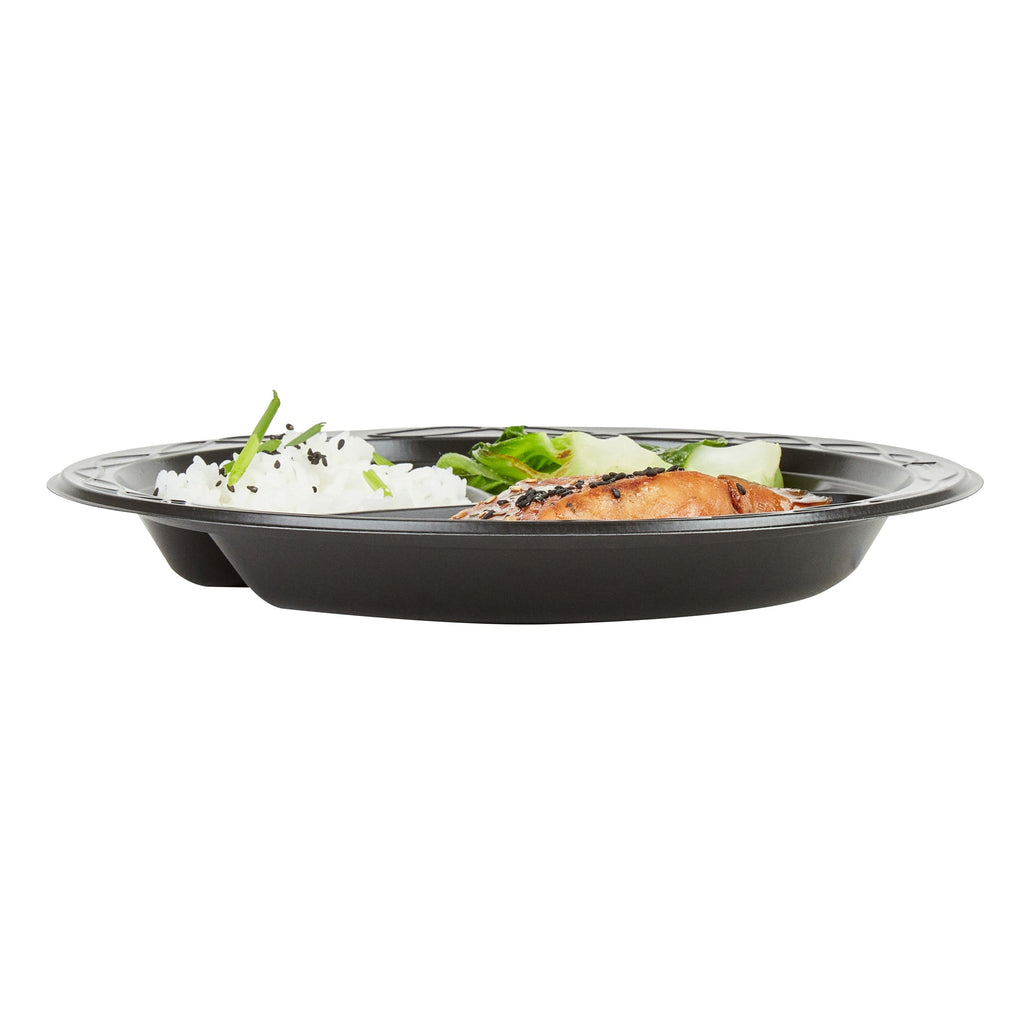 Chef 101 Round Black Plastic Plate - 3 Compartments, Microwavable - 9" x 9" x 3/4" - 50 count box