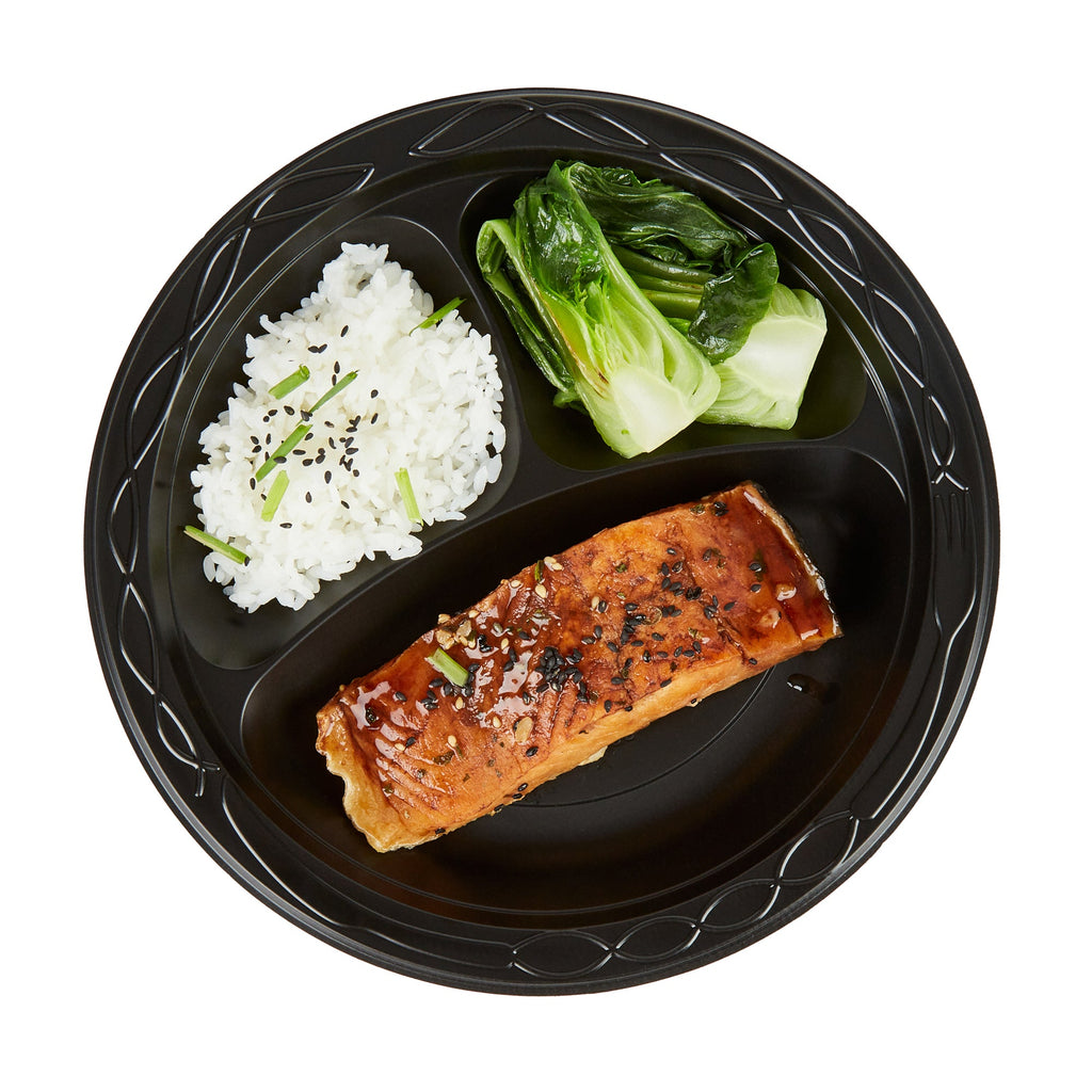 Chef 101 Round Black Plastic Plate - 3 Compartments, Microwavable - 9" x 9" x 3/4" - 50 count box