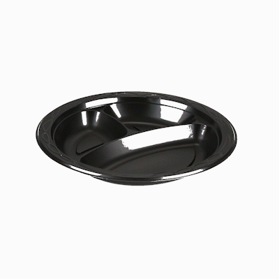 Chef 101 Round Black Plastic Plate - 3 Compartments, Microwavable - 9" x 9" x 3/4" - 50 count box