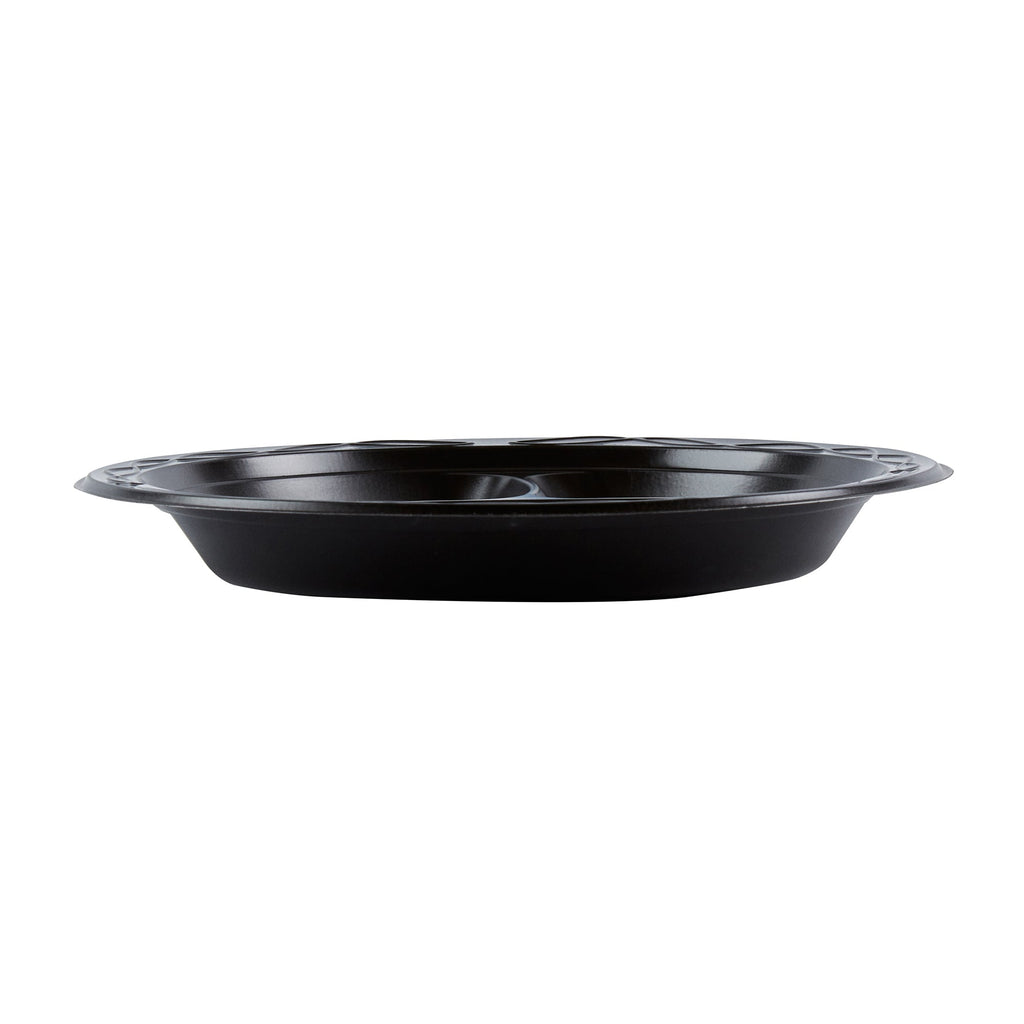 Chef 101 Round Black Plastic Plate - 3 Compartments, Microwavable - 9" x 9" x 3/4" - 50 count box