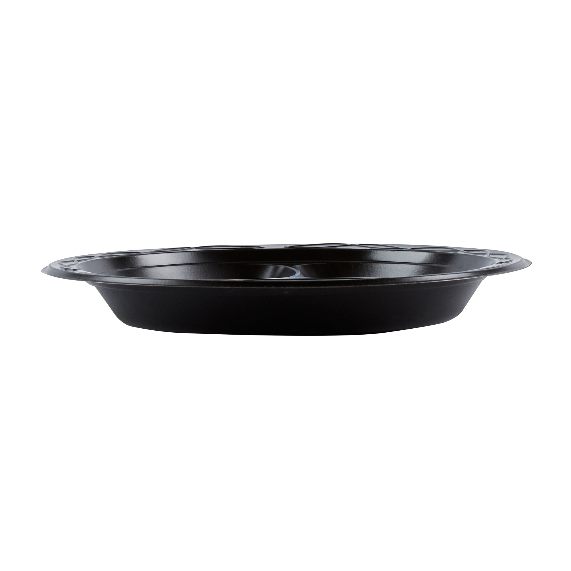 Chef 101 Round Black Plastic Plate - 3 Compartments, Microwavable - 9" x 9" x 3/4" - 50 count box