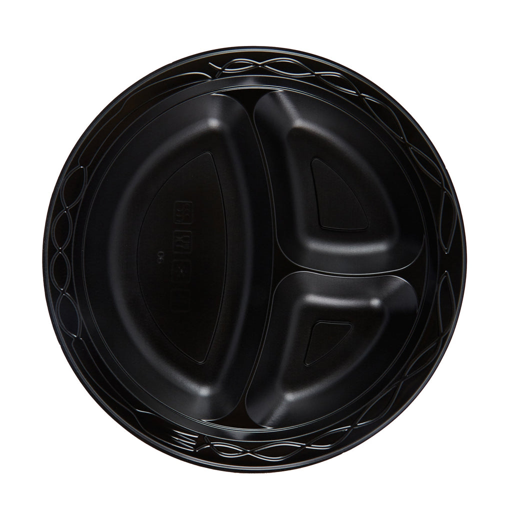 Chef 101 Round Black Plastic Plate - 3 Compartments, Microwavable - 9" x 9" x 3/4" - 50 count box