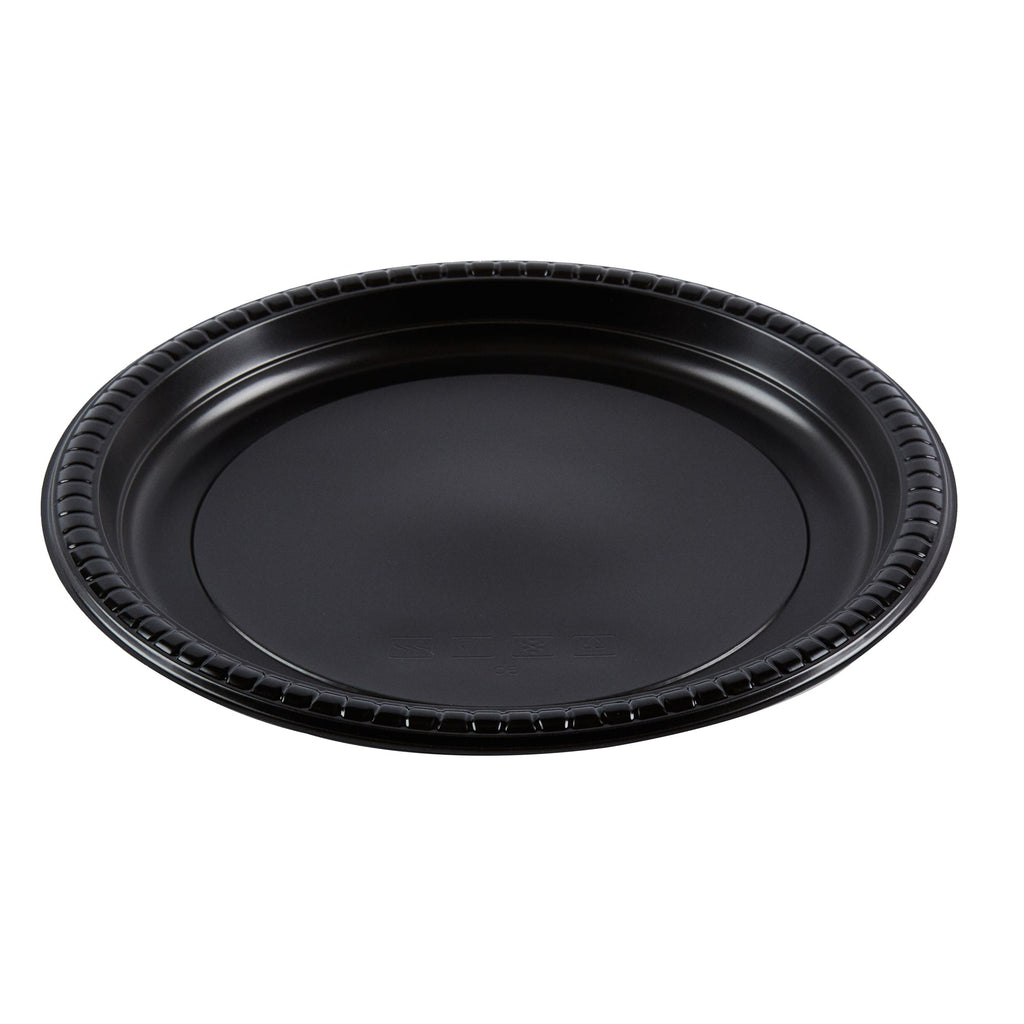 Chef 101 Round Black Plastic Plate - Microwavable - 10 1/4" x 10 1/4" x 3/4" - 50 count box