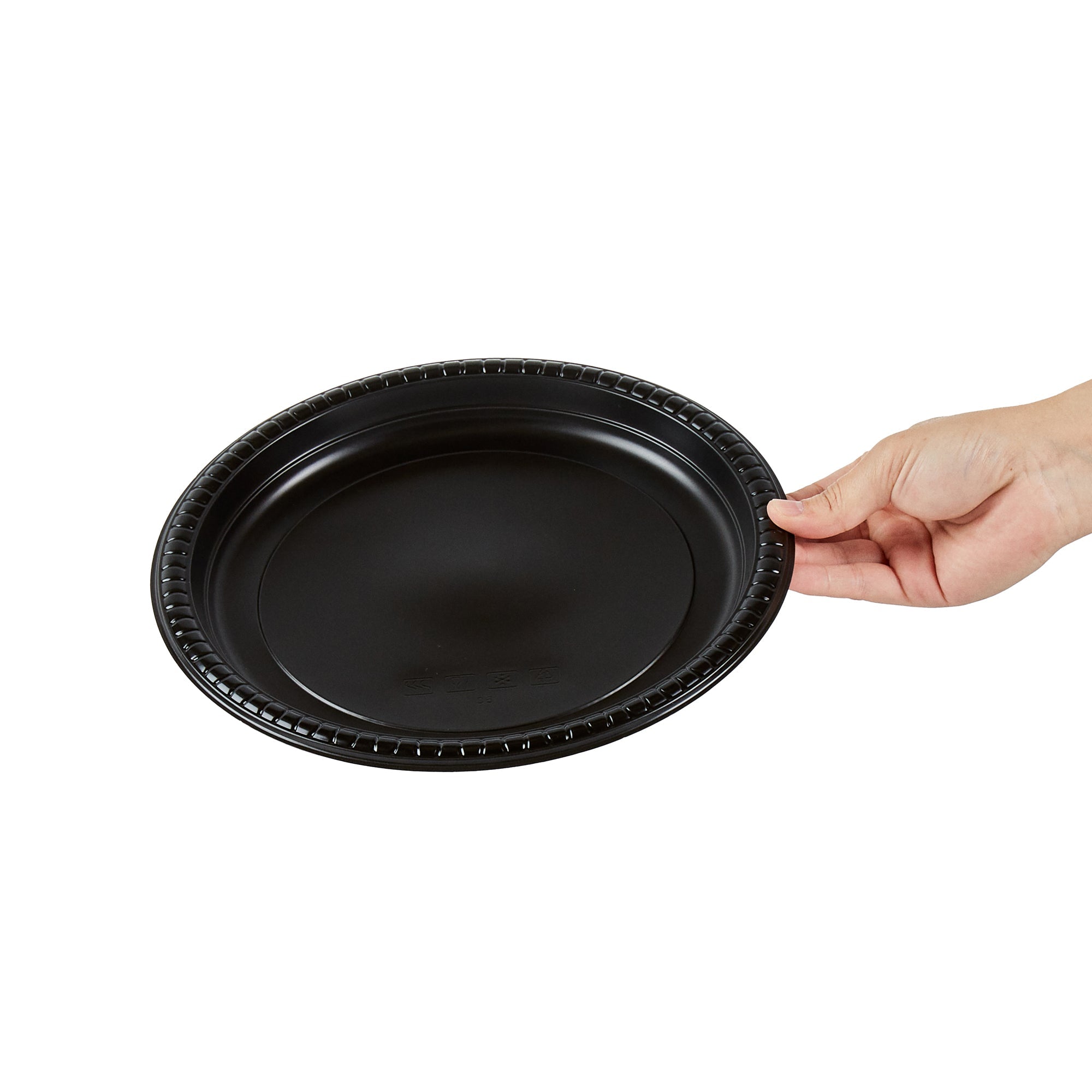 Chef 101 Round Black Plastic Plate - Microwavable - 10 1/4" x 10 1/4" x 3/4" - 100 count box