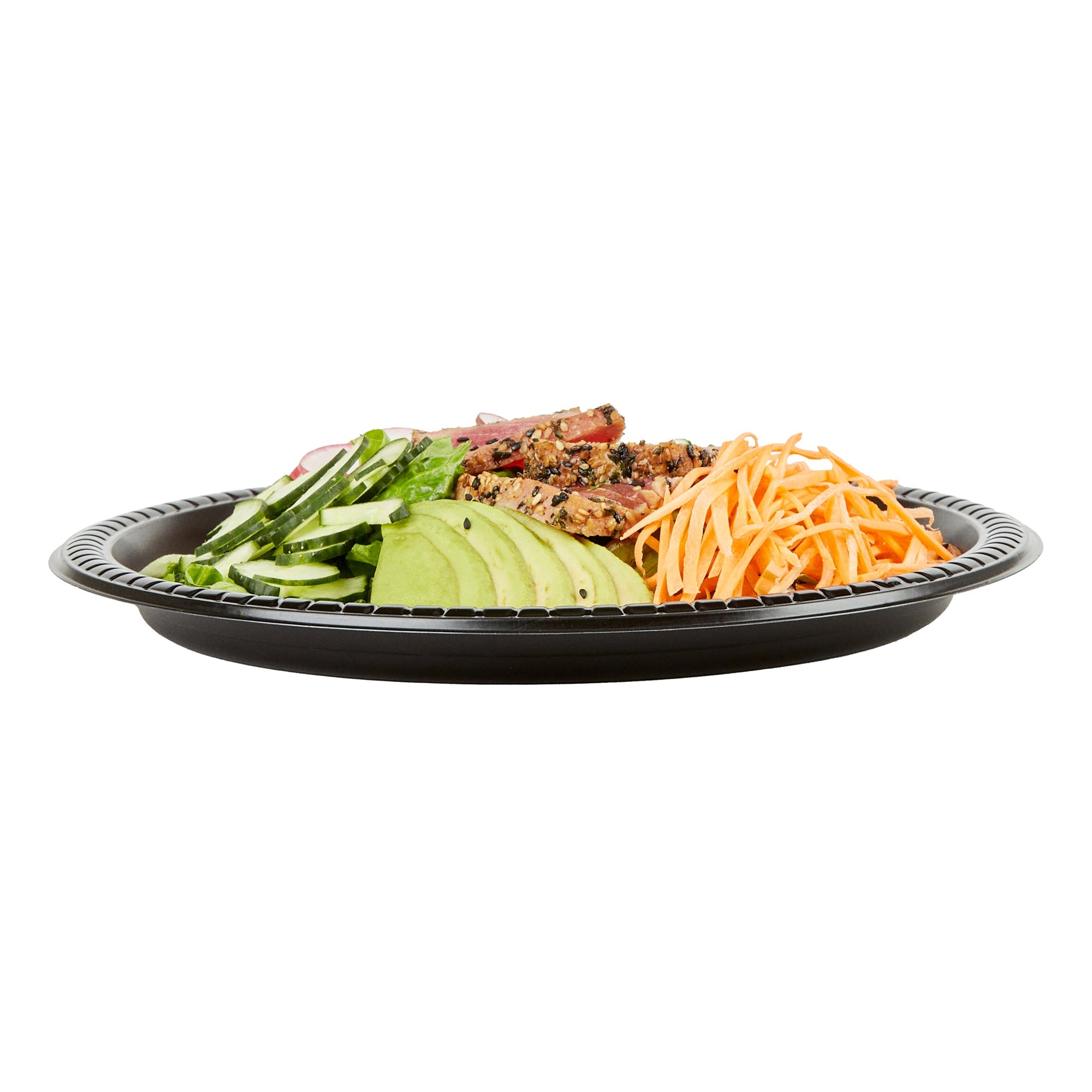 Chef 101 Round Black Plastic Plate - Microwavable - 10 1/4" x 10 1/4" x 3/4" - 100 count box